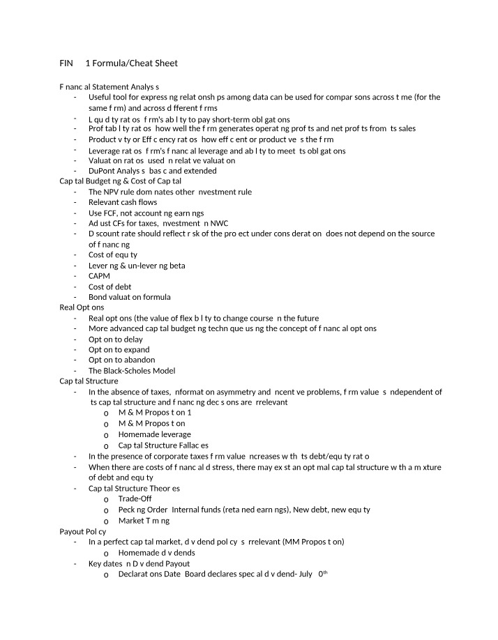 Formula Sheet for FIN 431