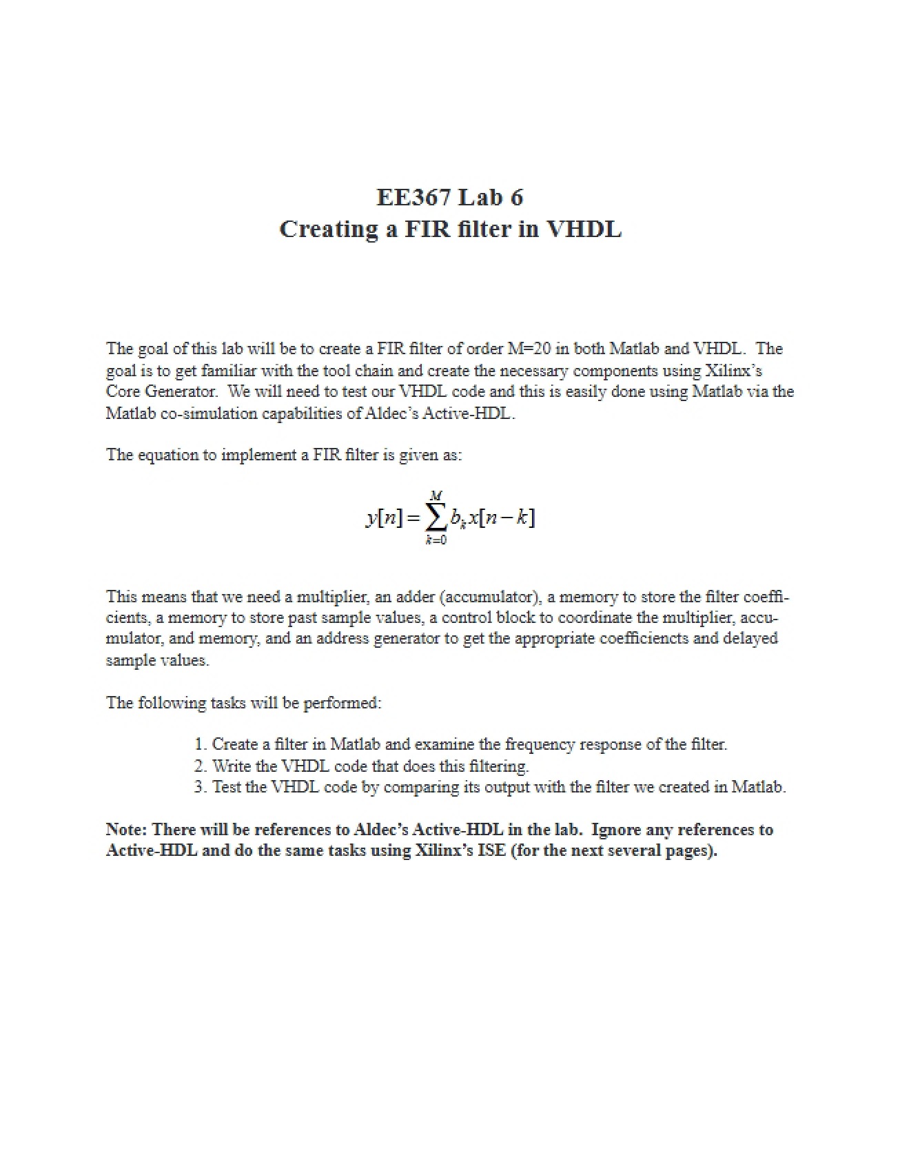 VHDL FIR Filter Creation (Lab 6)