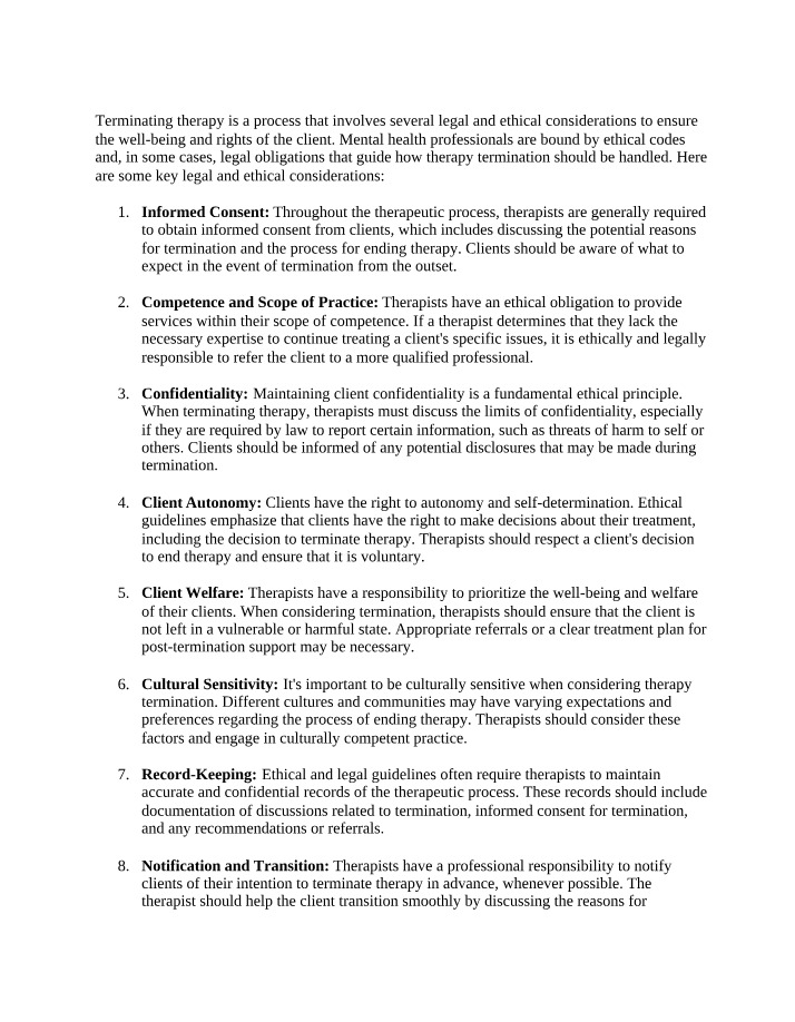 Legal and Ethical Considerations for Therapy Termination