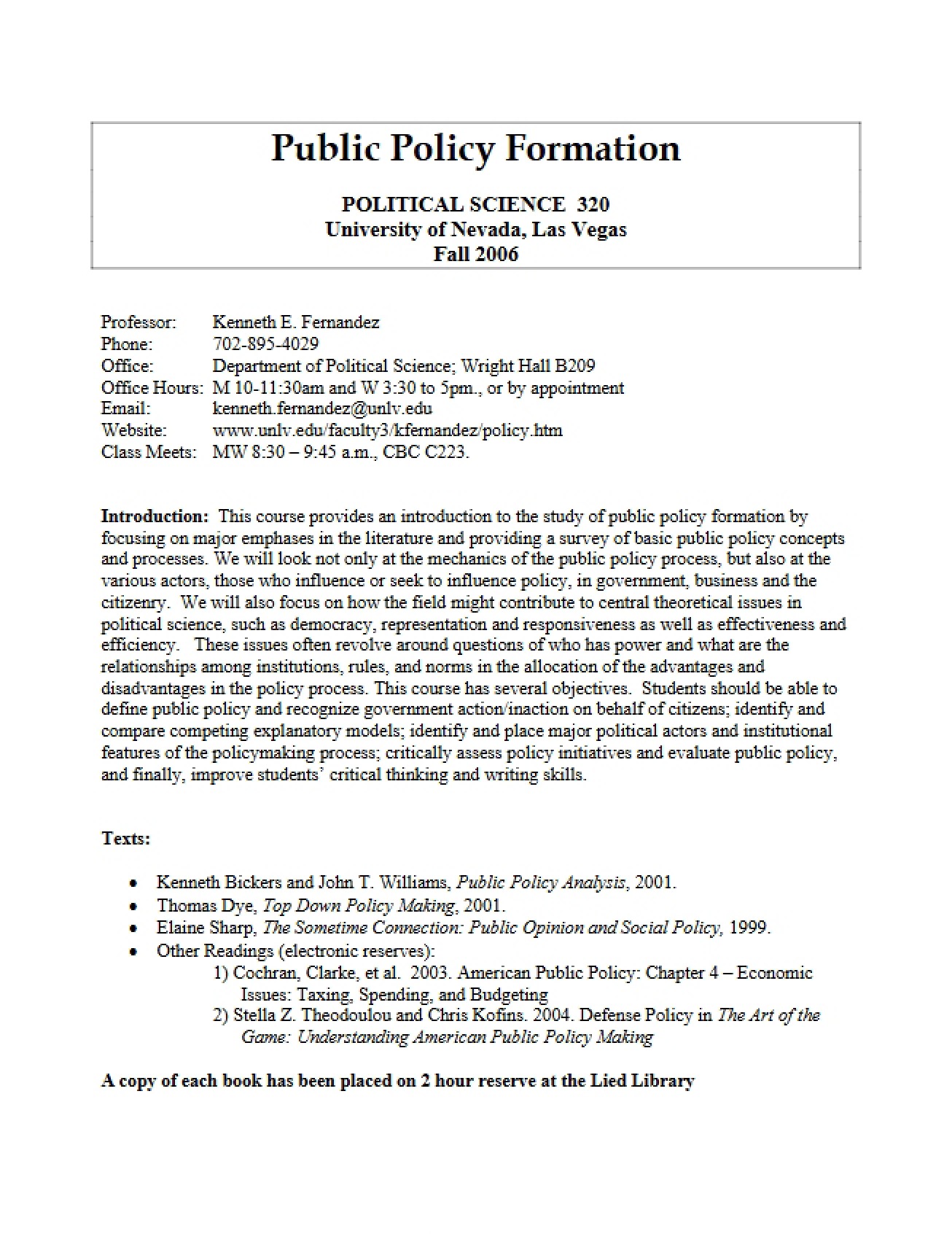 Public Policy Formation Syllabus