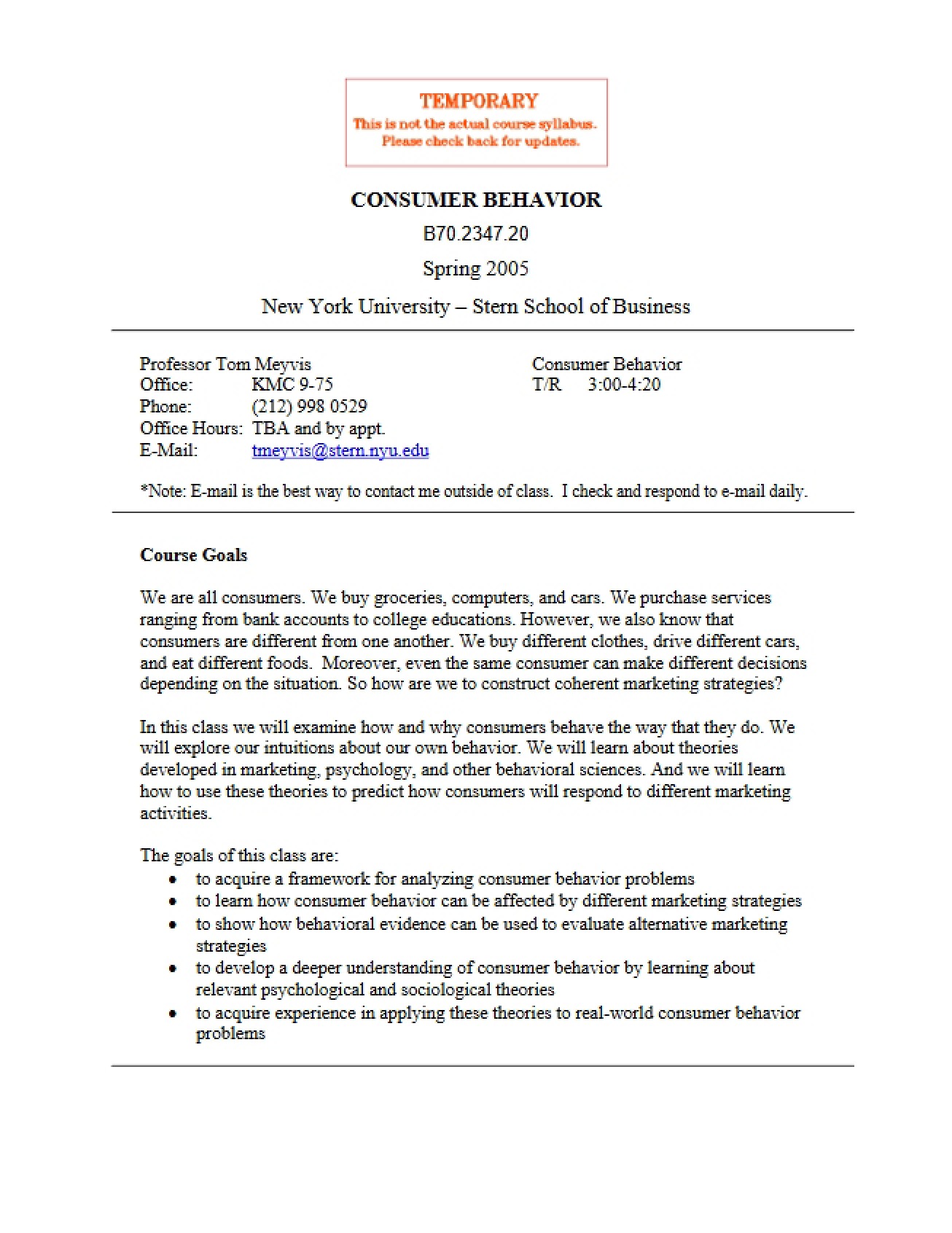 Syllabus on Consumer Behavior