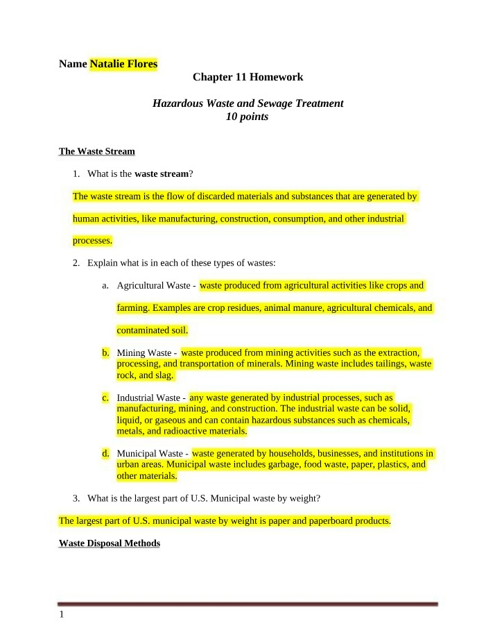 Sewage Treatment and Hazardous Waste - Chapter 11 Homework