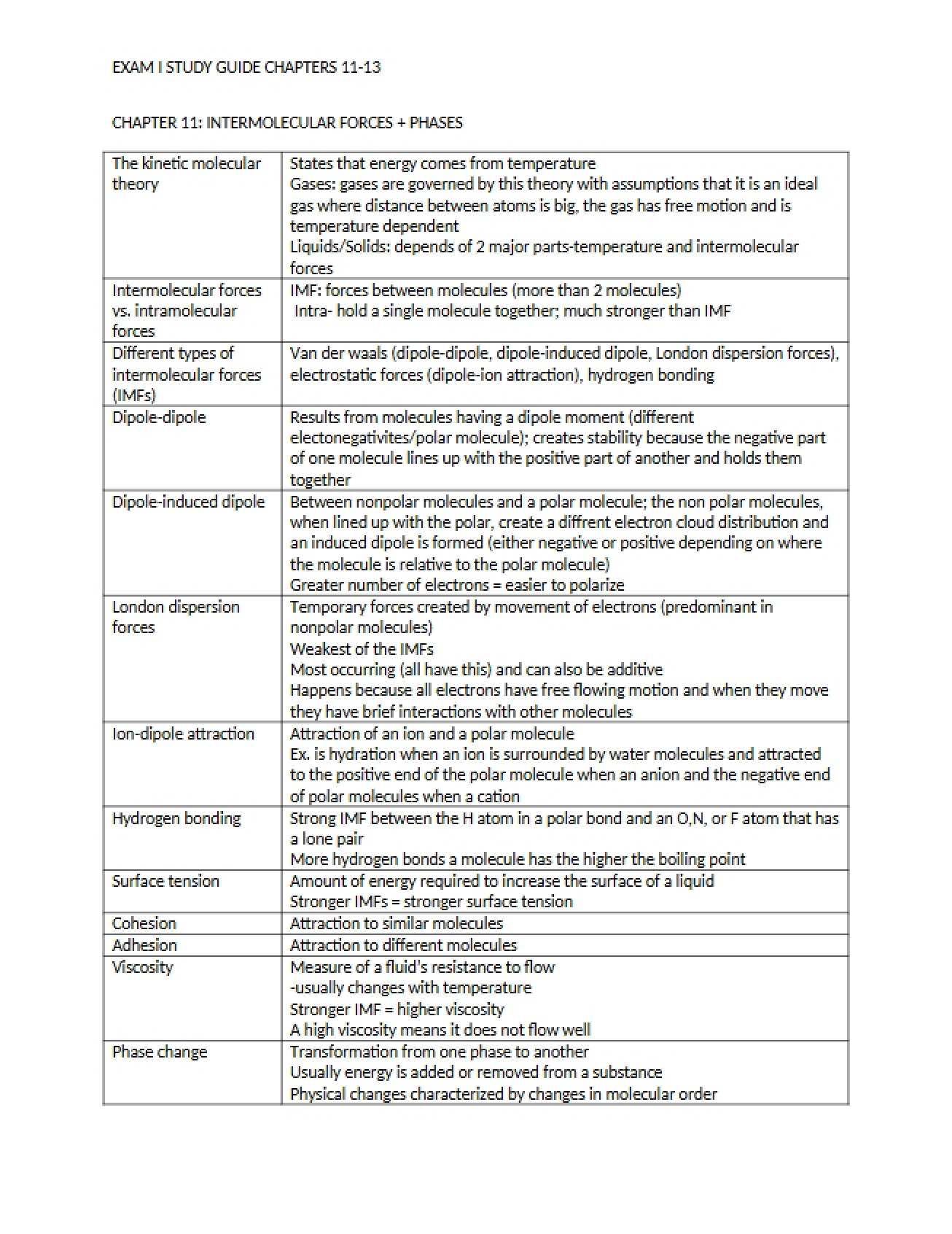 First Exam Study Guide Covering Chapters 11-13