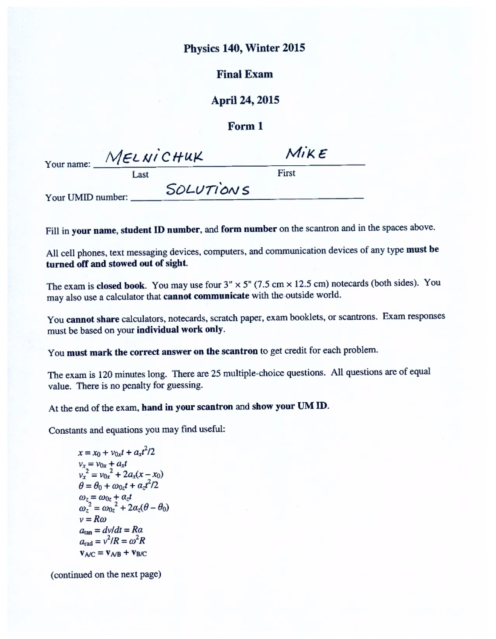 Final Exam Solutions
