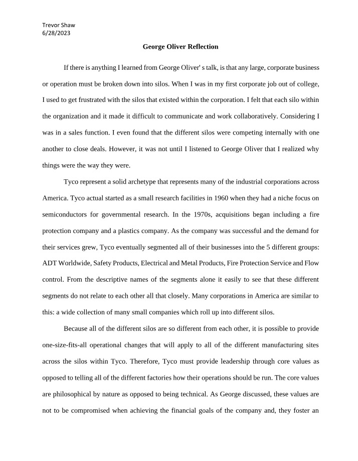 Reflection on George Oliver