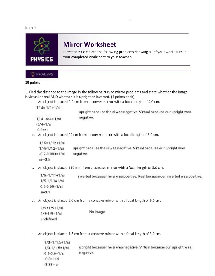 Worksheet on Mirrors