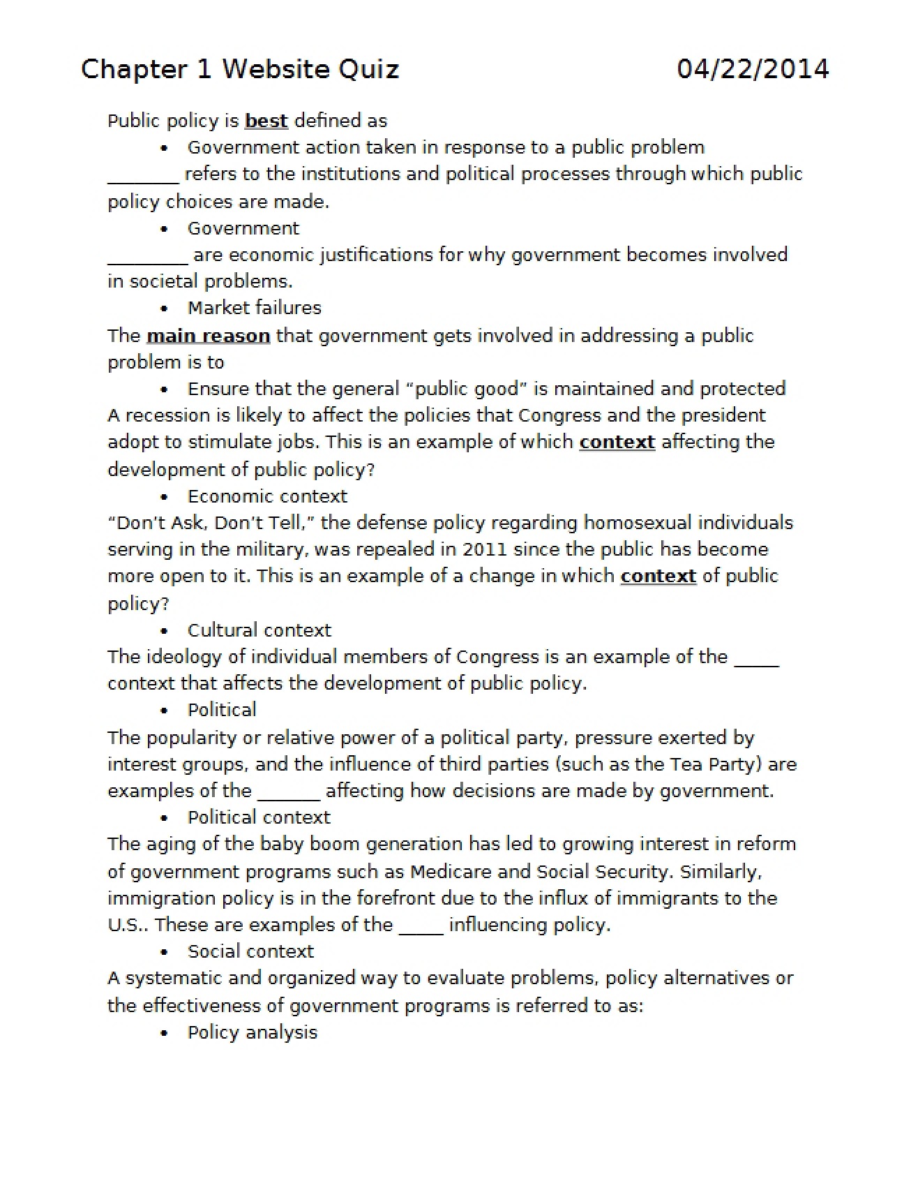 Quiz for Chapter One Website