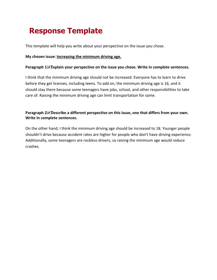 Minimum Driving Age Debate Response Template
