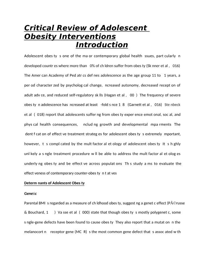Adolescent Obesity Interventions - A Critical Review