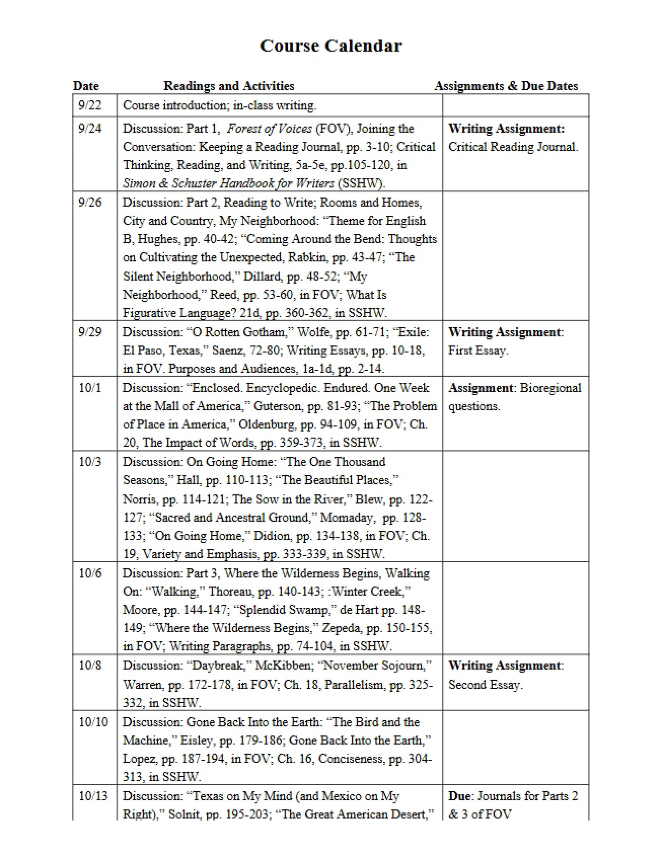 Course Calendar for an English Composition Course