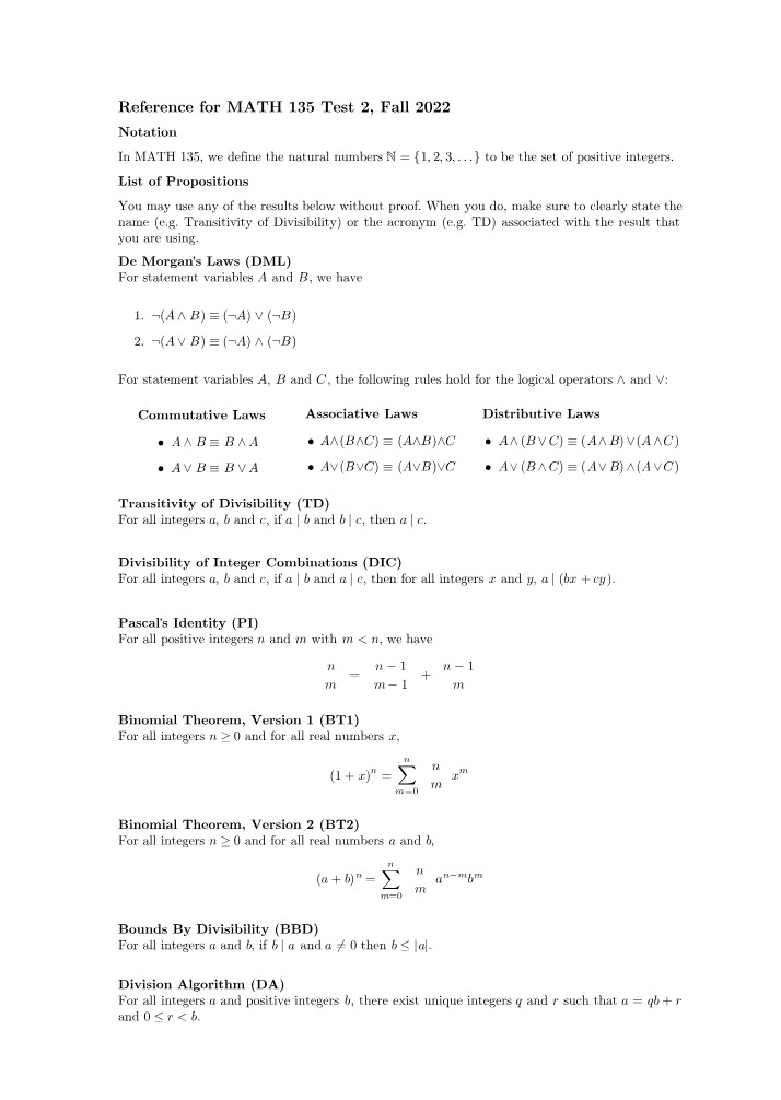 Reference for MATH 135 Test 2