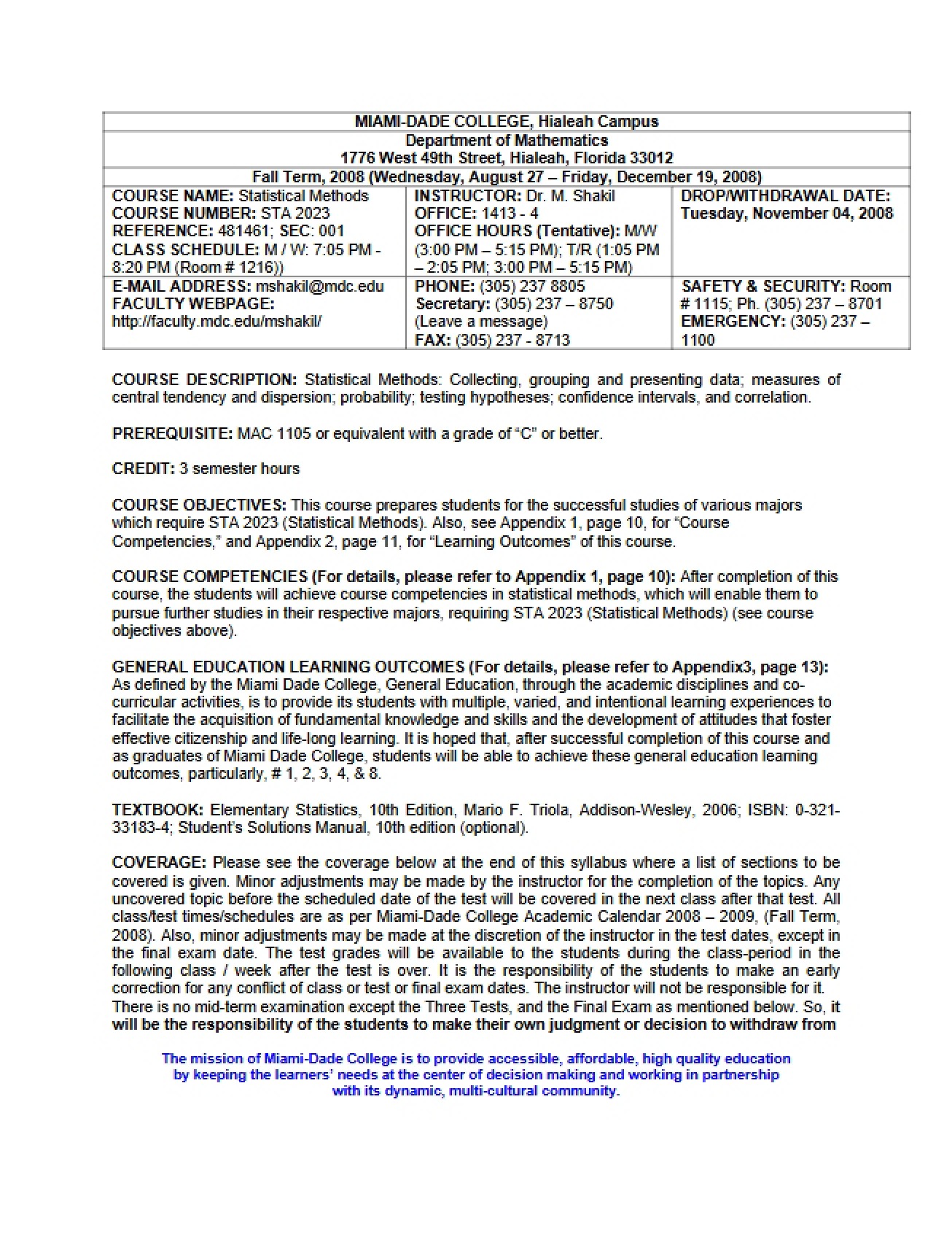 Statistical Methods Syllabus - 17 Pages