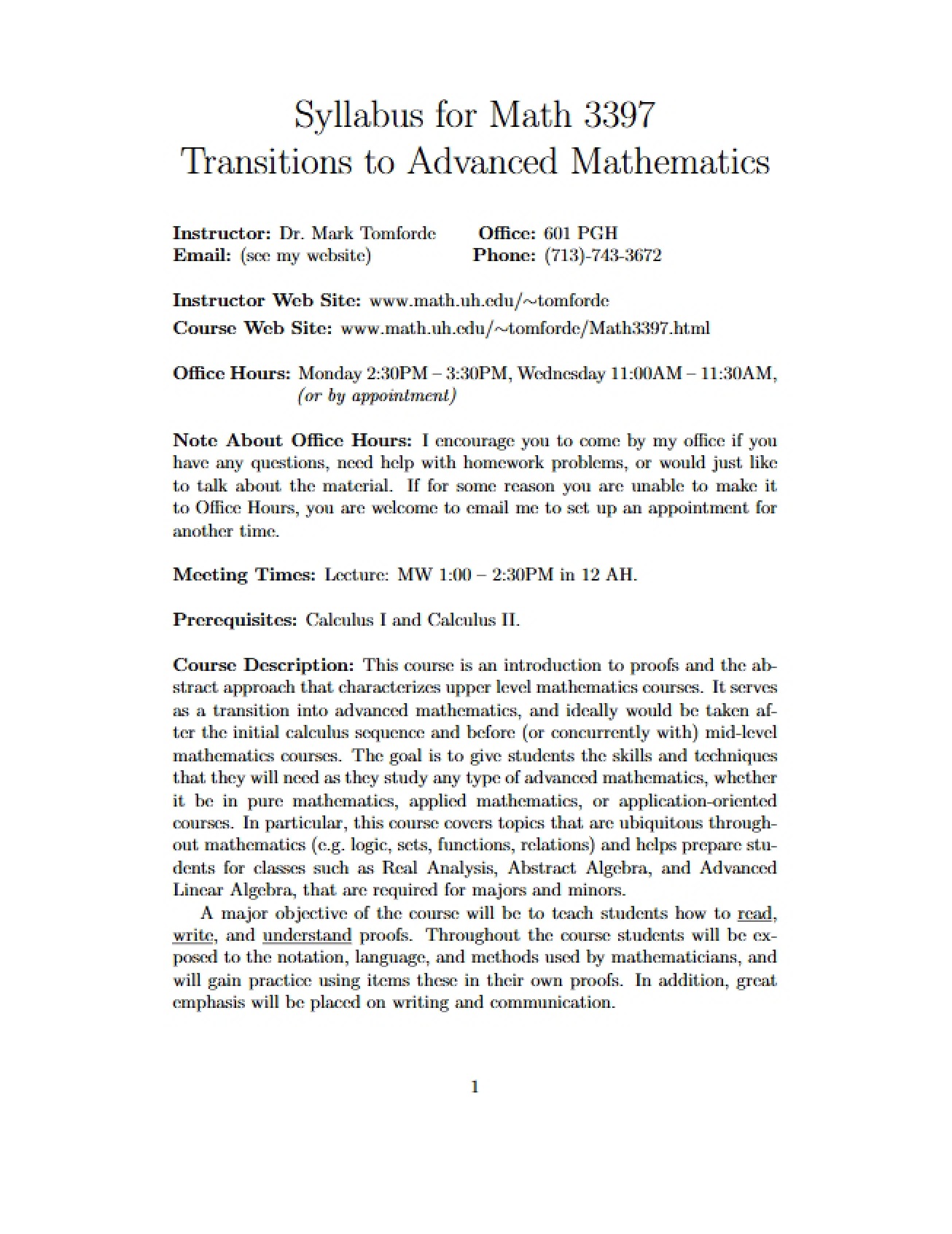 Syllabus Transition to Advanced Math