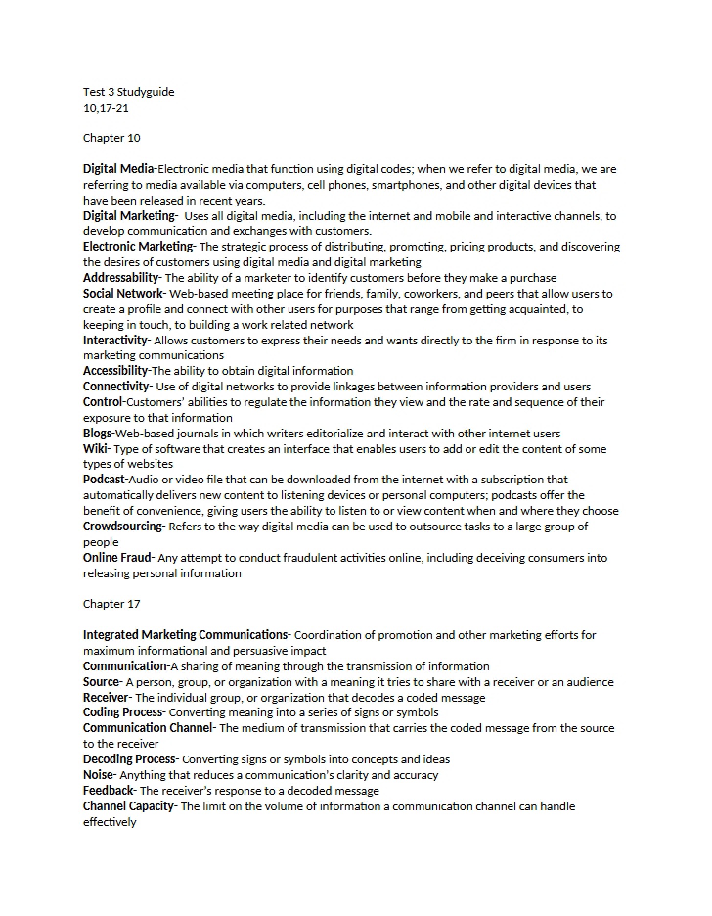 Study Guide for Test 3