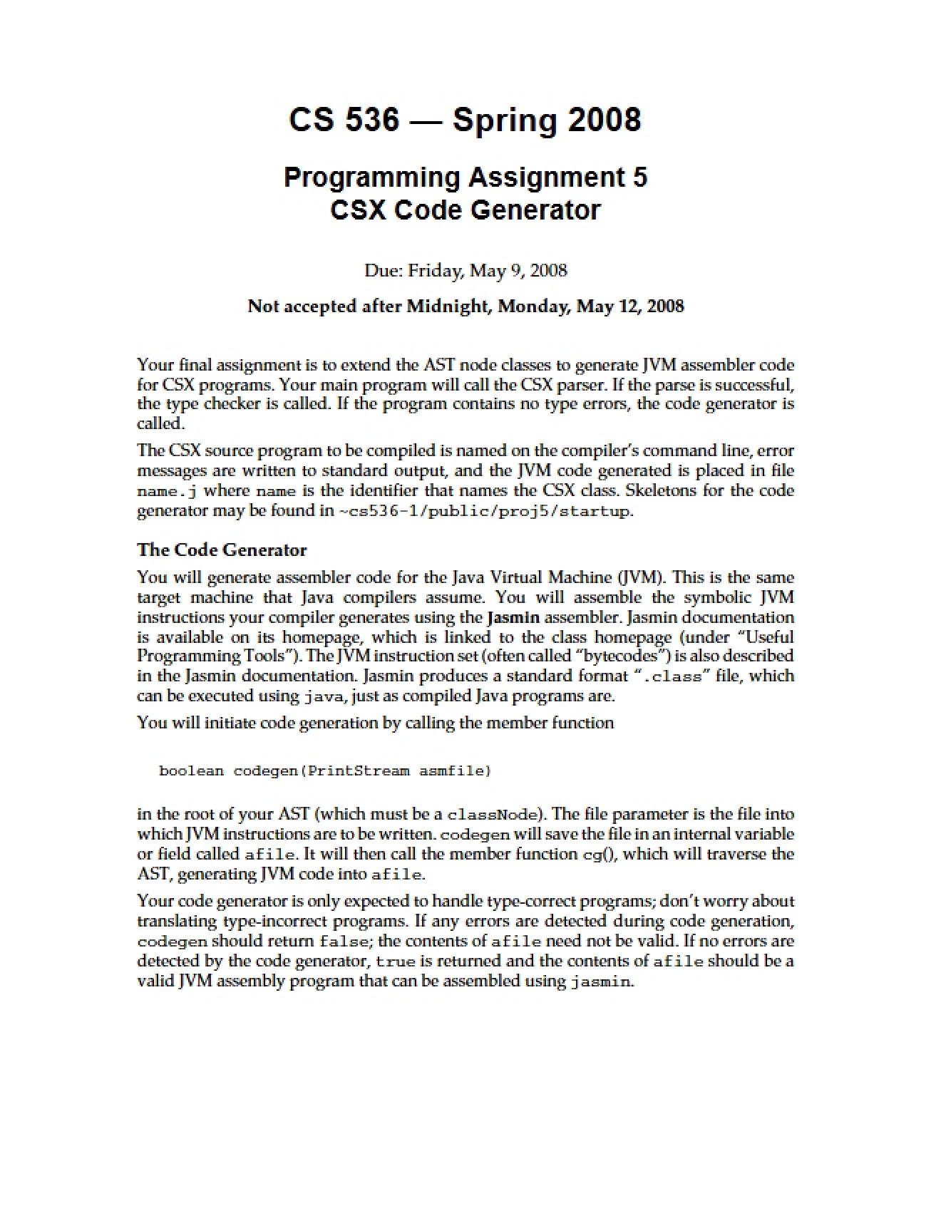 CSX Code Generator Programming Assignment 5