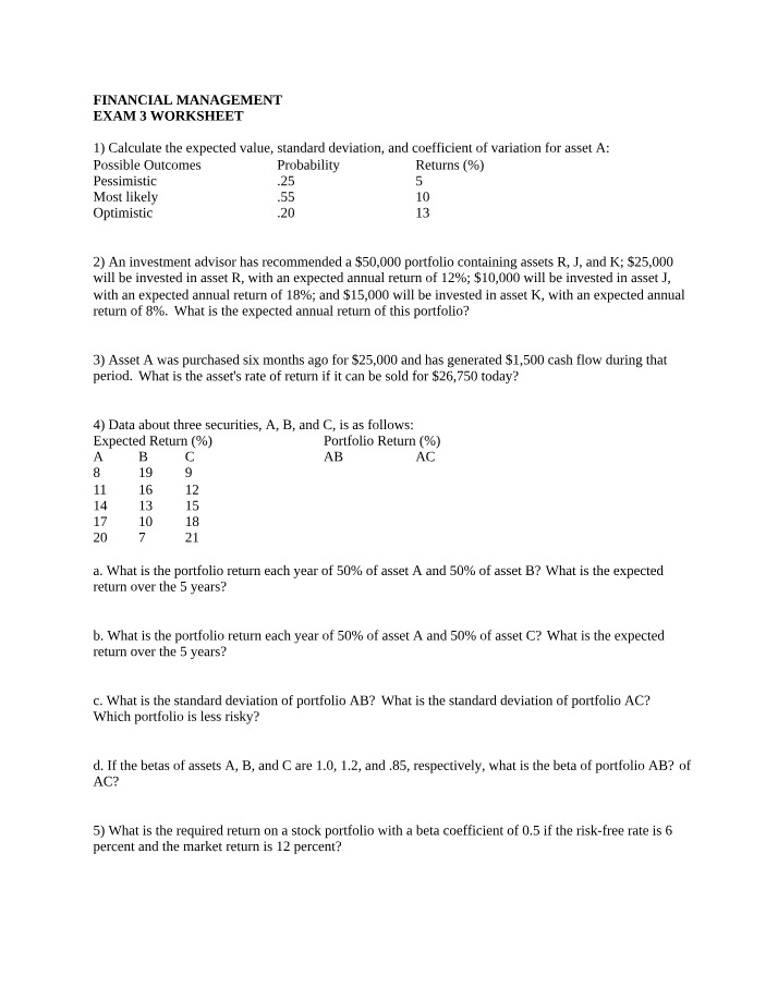 Worksheet for Exam 3