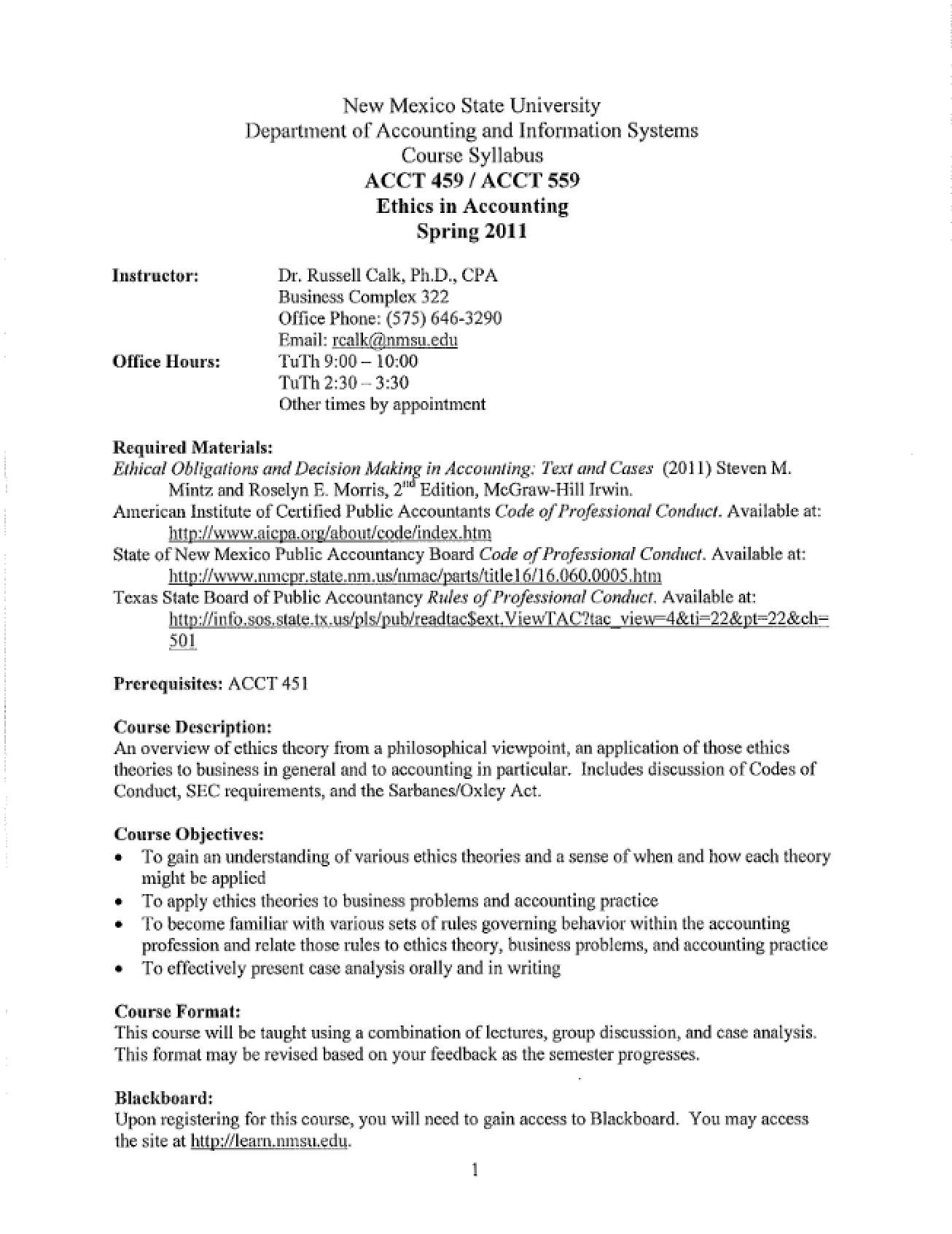 Ethics in Accounting Course Syllabus