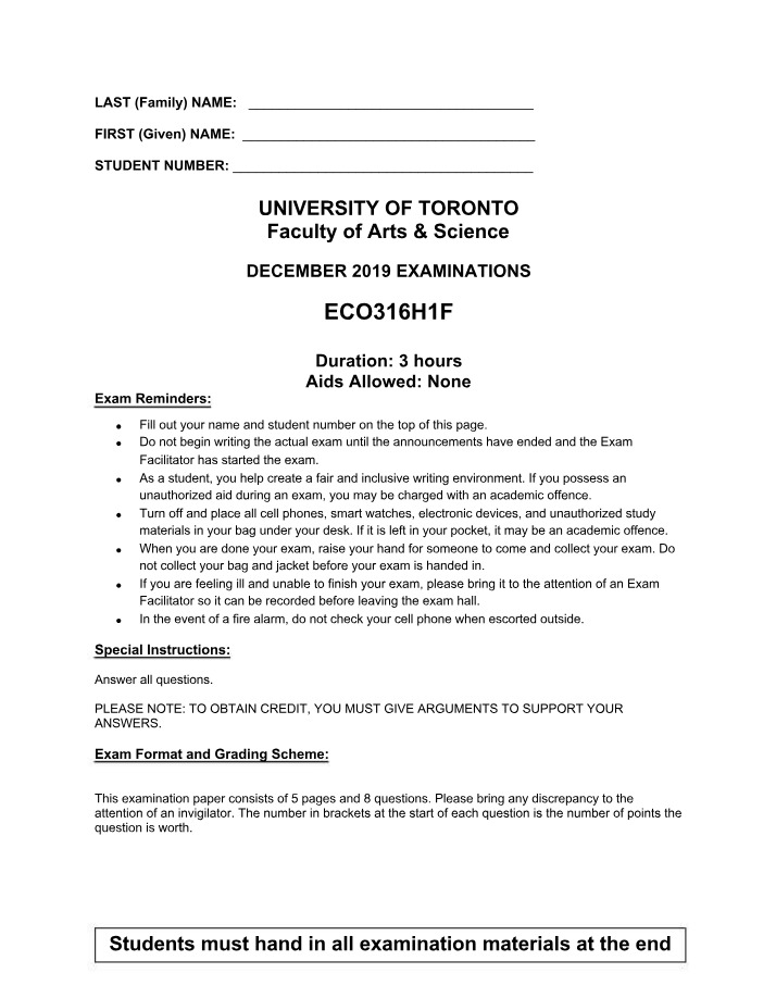 ECO316H1F Examinations - December 2019