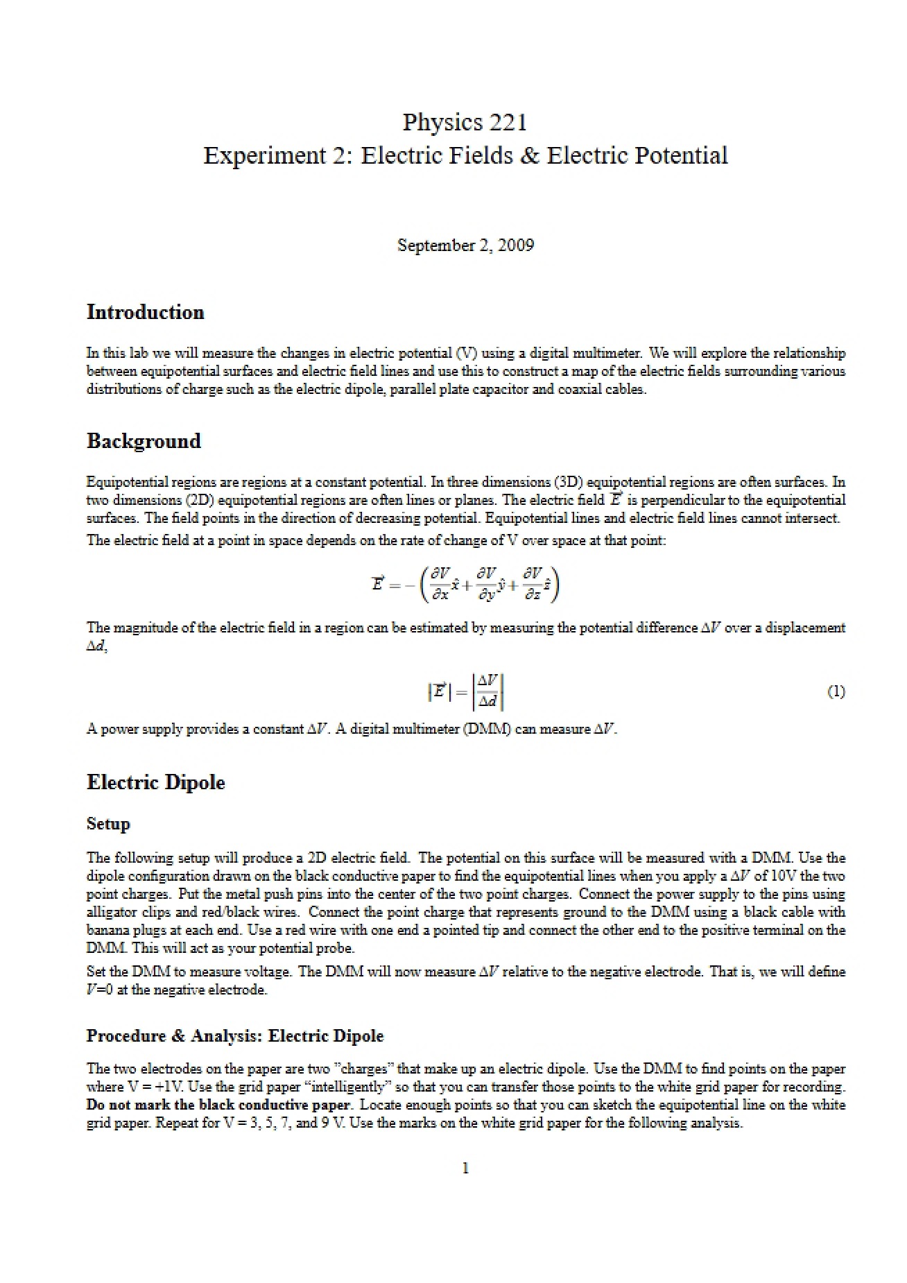 Electric Potential and Fields Experiment