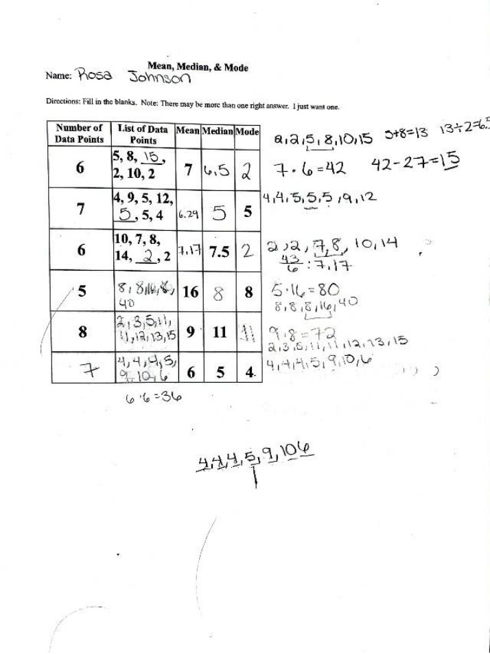 Worksheet on Mean, Median, and Mode
