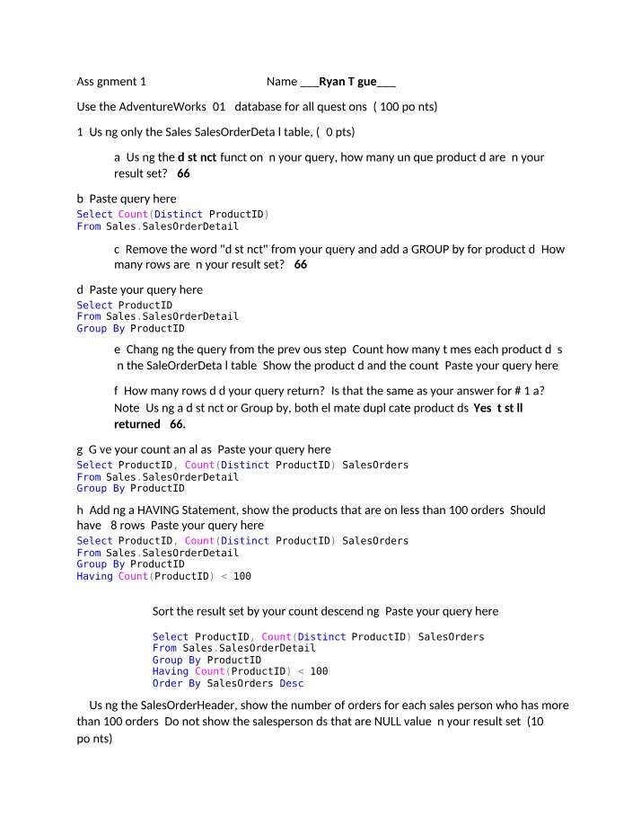 AdventureWorks2012 Database Queries - Assignment 14
