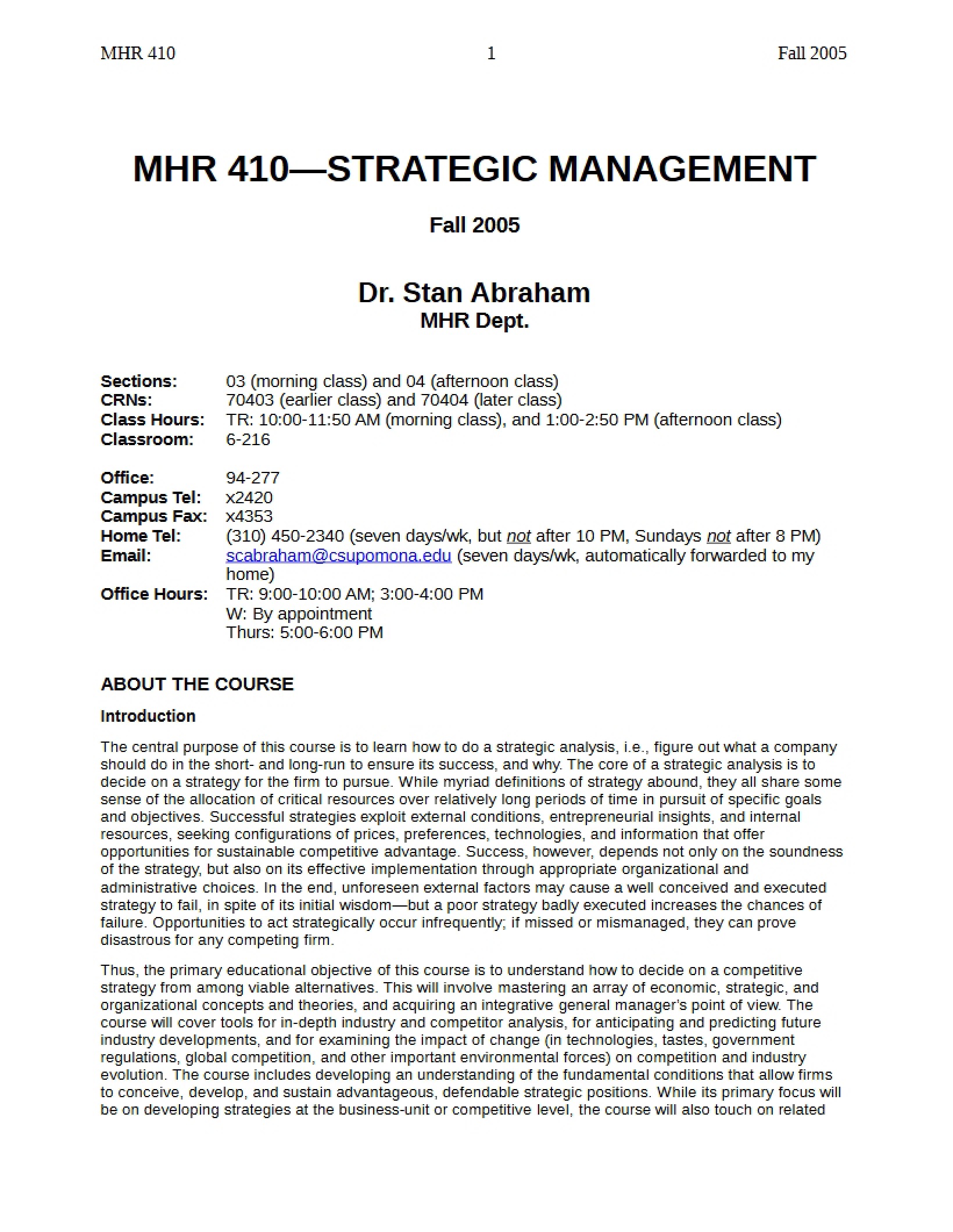 Syllabus for Strategic Management