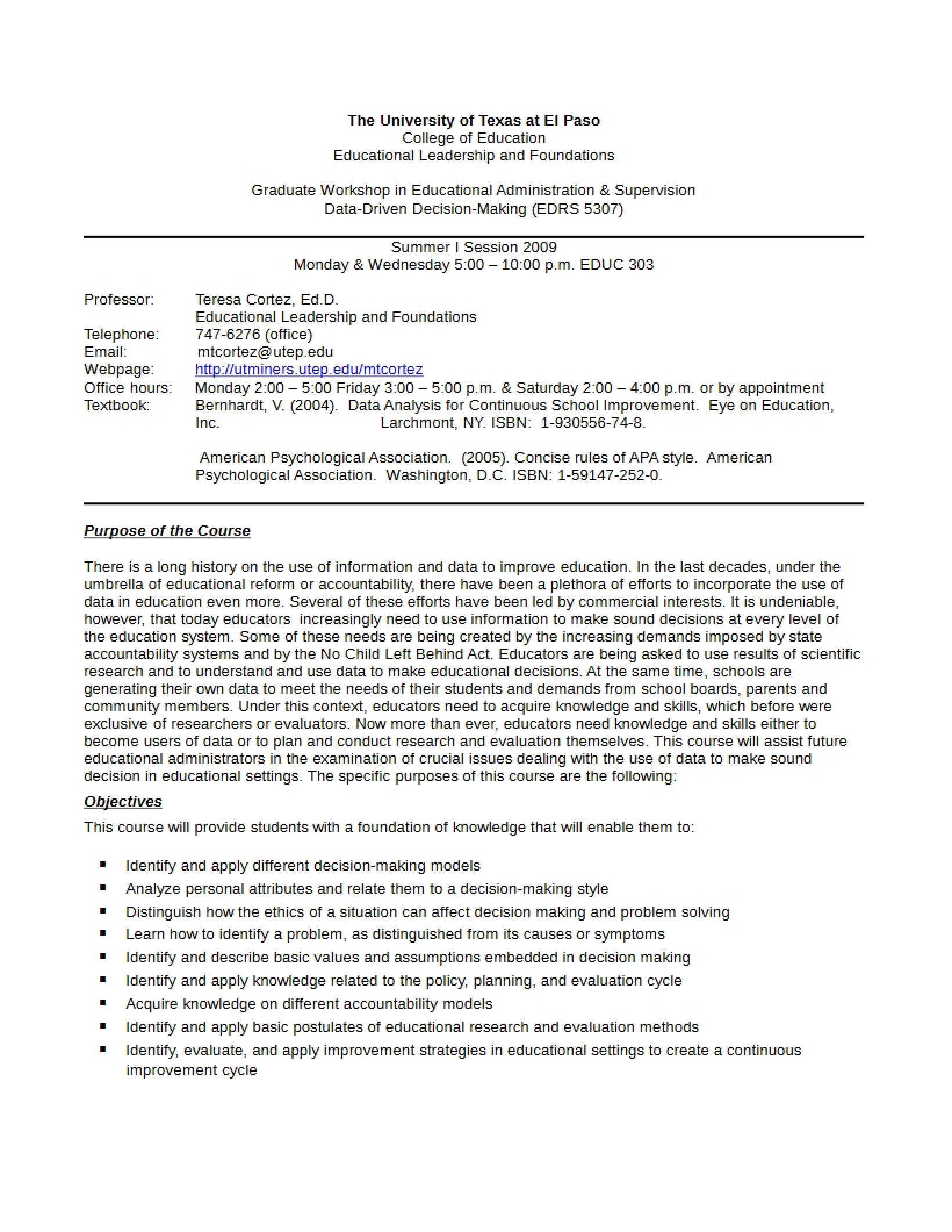 Data Based Decision Making Syllabus - 5 Pages