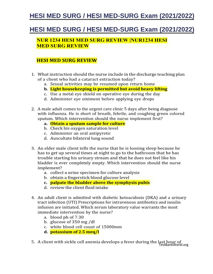 2021-2022 HESI MED SURG Exam