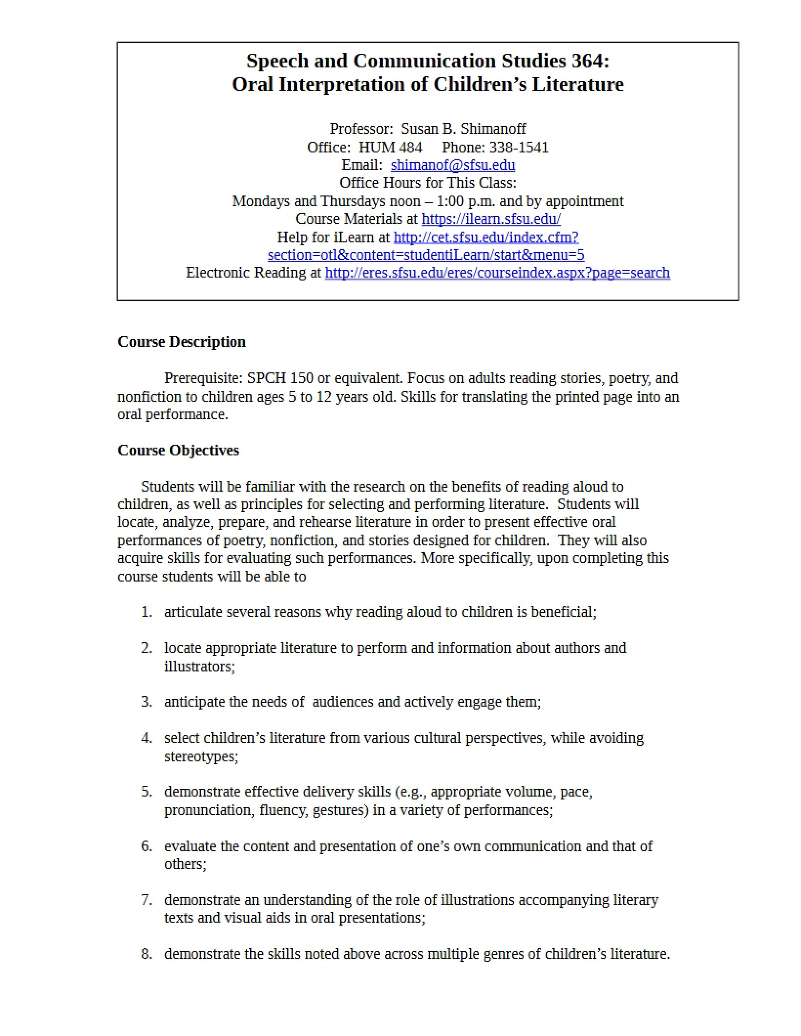 Syllabus for Speech and Communication Studies 364