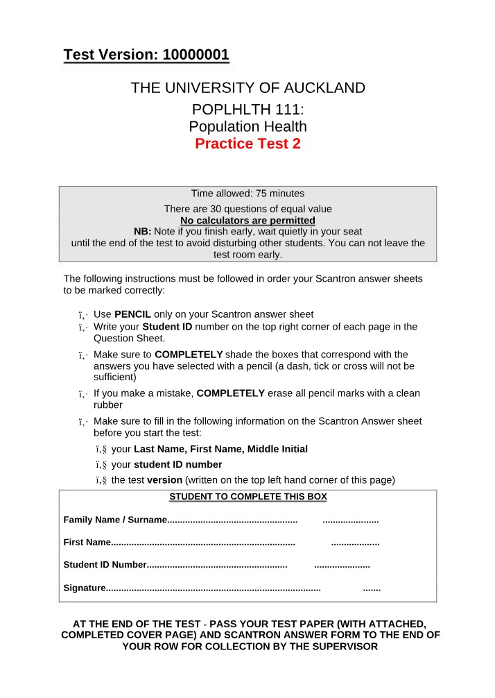 POPLHLTH 111 Practice Test 2 - Population Health