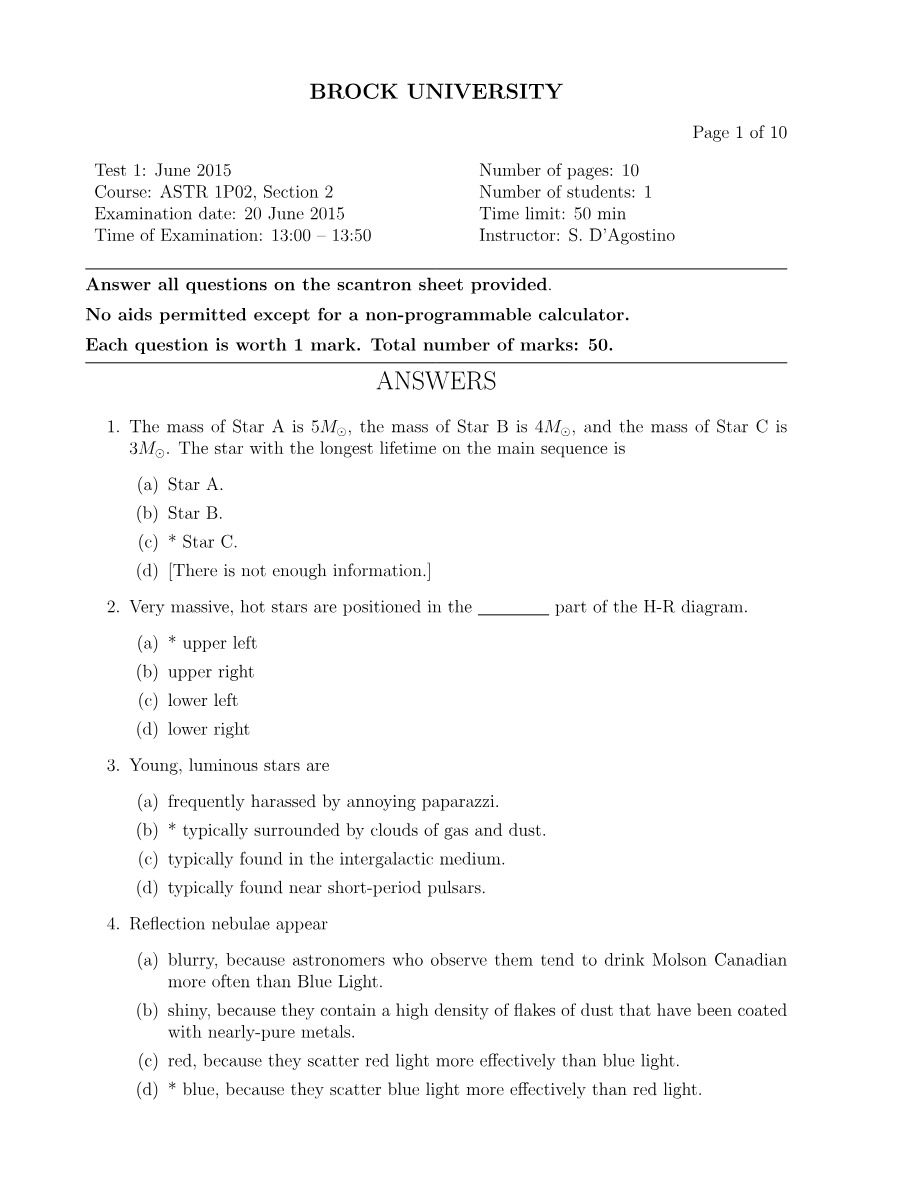 Test 1, June 2015 - Astronomy 1P02