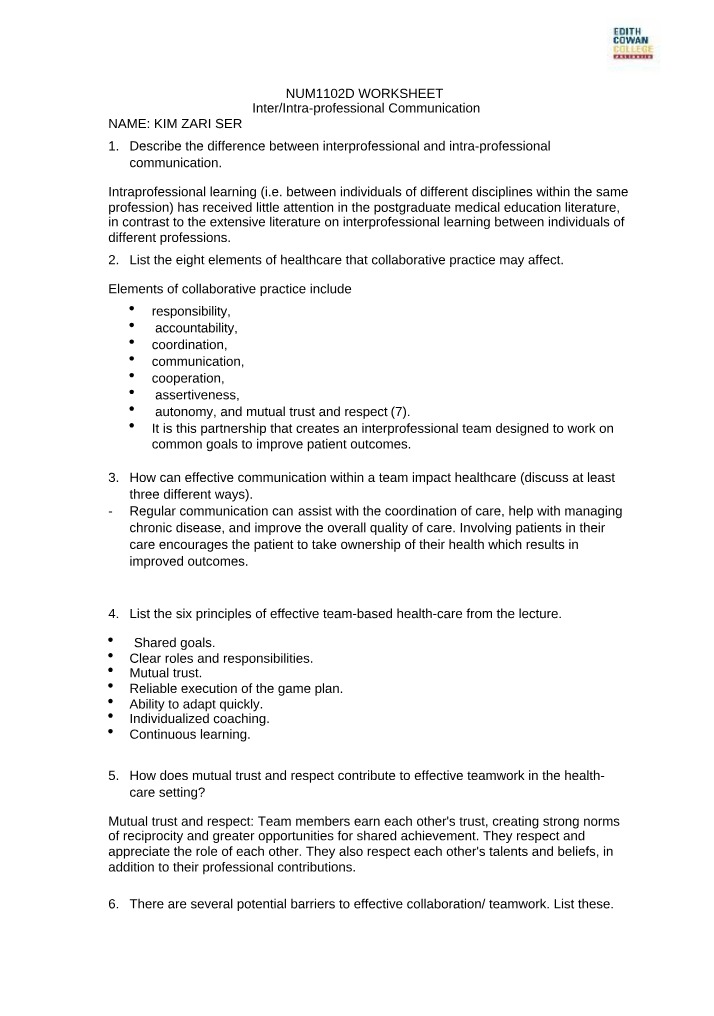 Worksheet on Interprofessional vs Intra-professional Communication