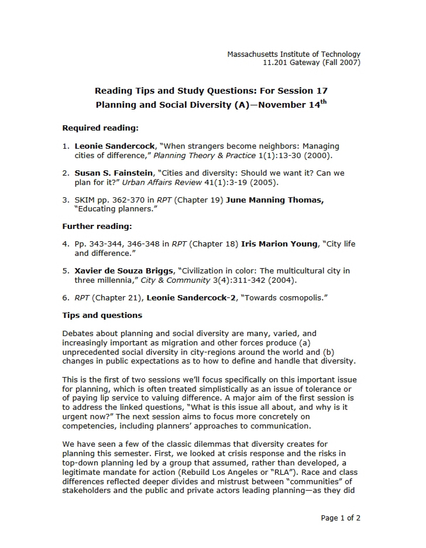 Session 17 Reading Advice and Questions