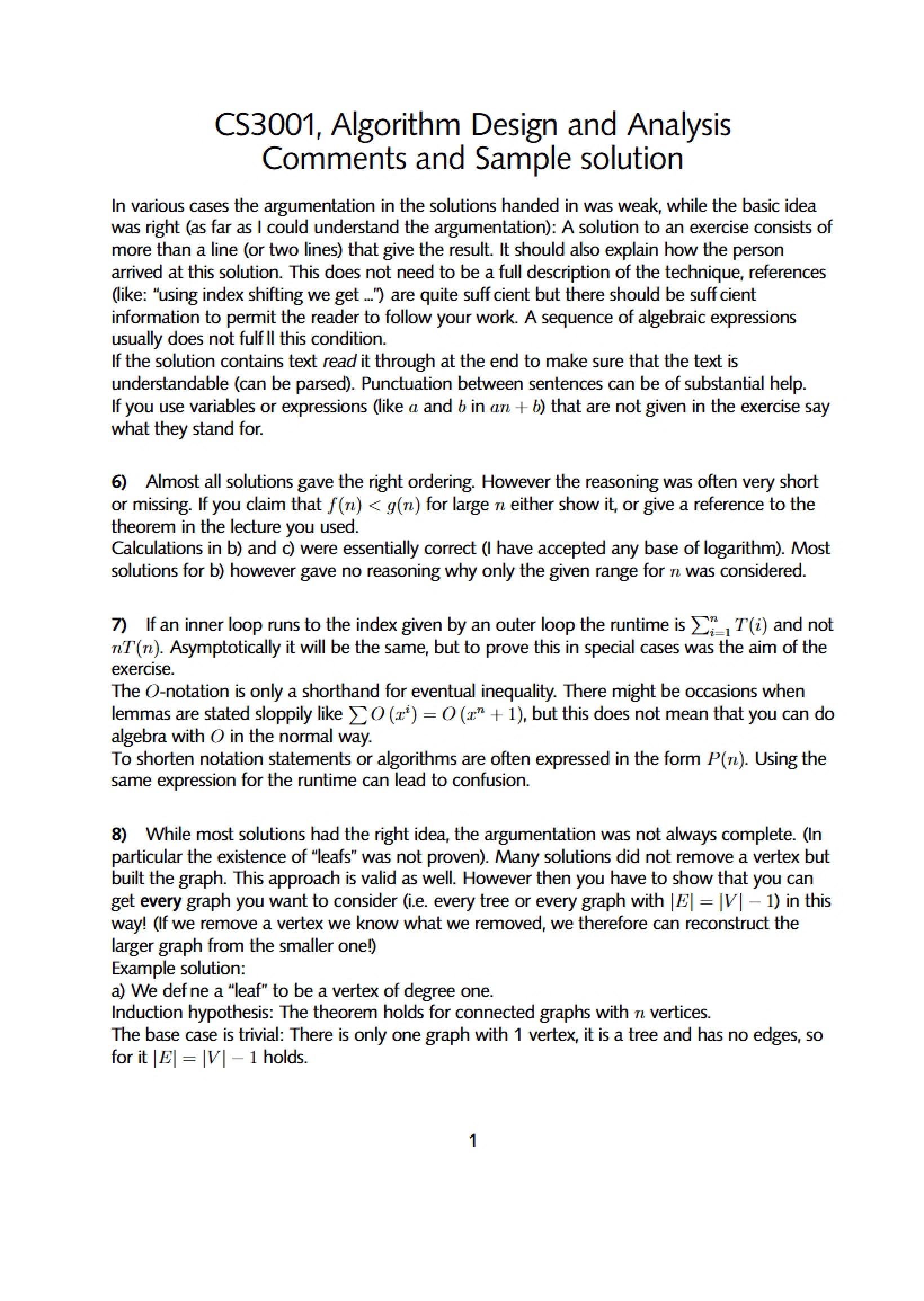 Sample Solution and Algorithm Analysis Comments