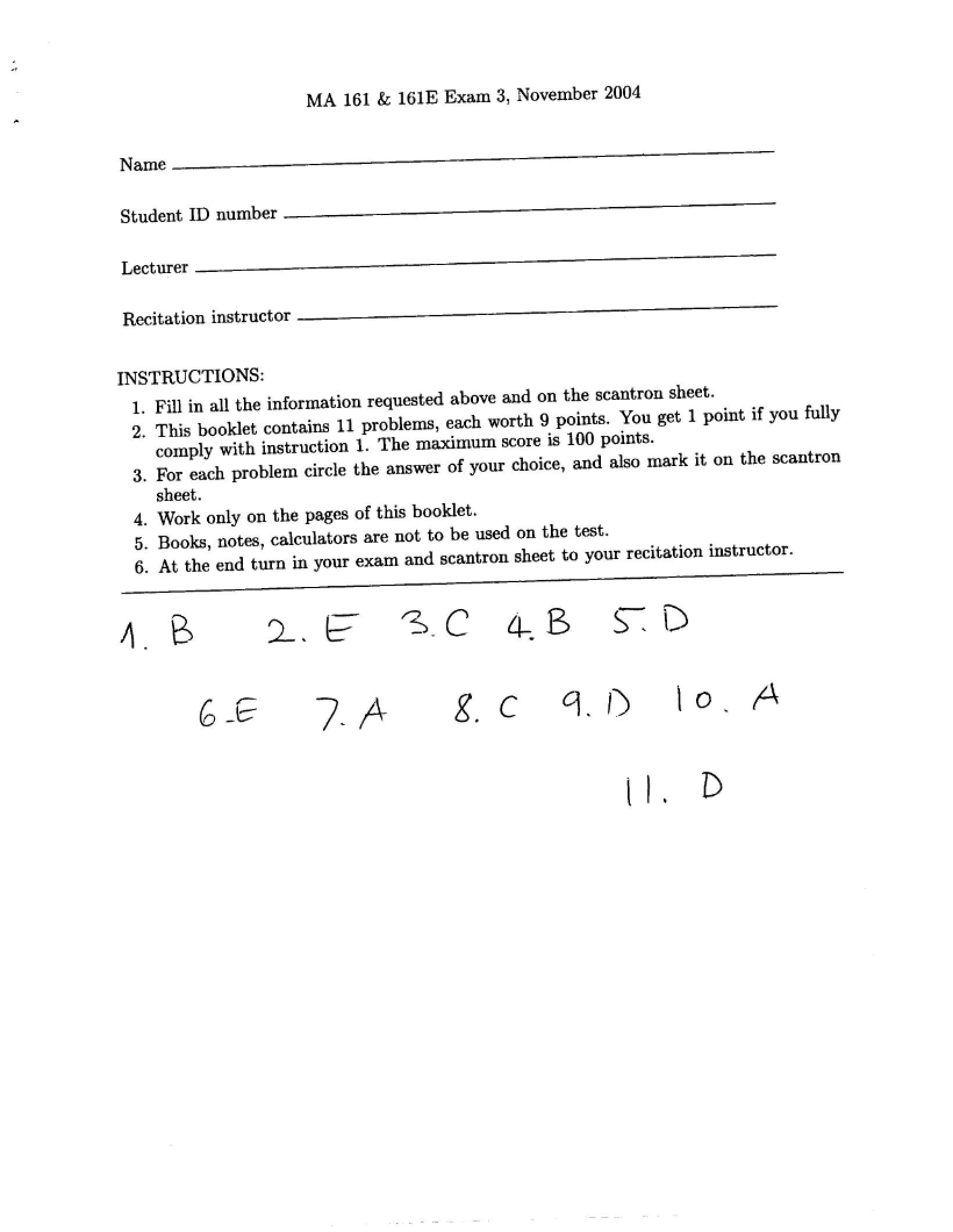 Calculus Exam 3