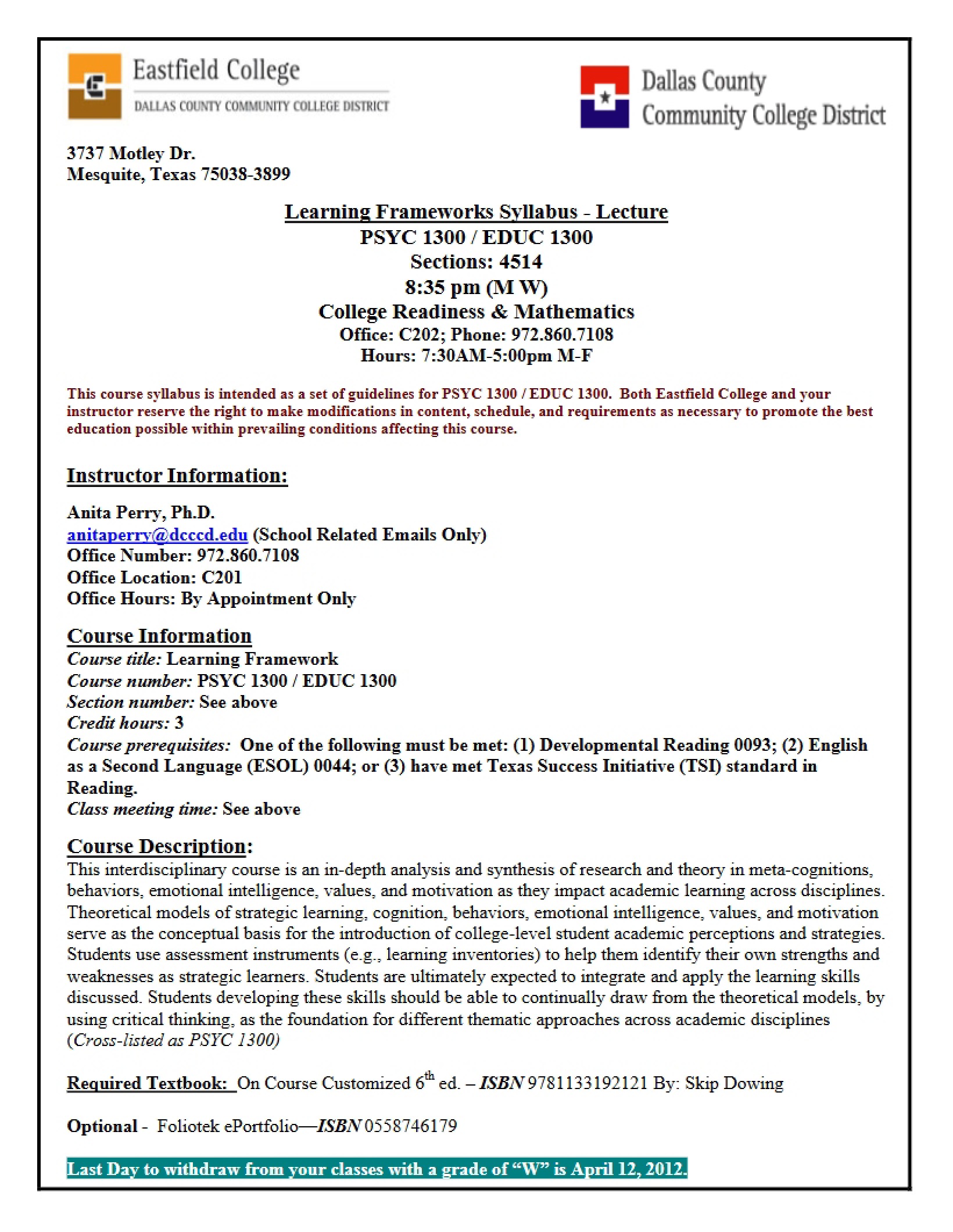 Learning Framework Course Syllabus - 11 Pages