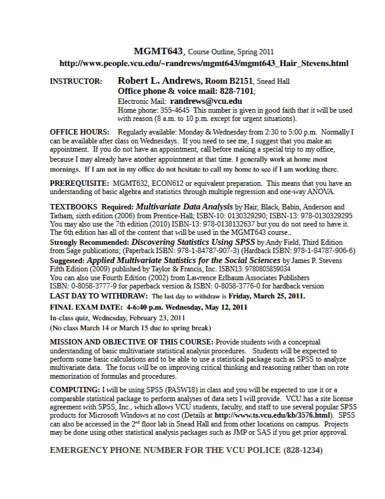 Syllabus for MGMT 643 - Applied Multivar Methods