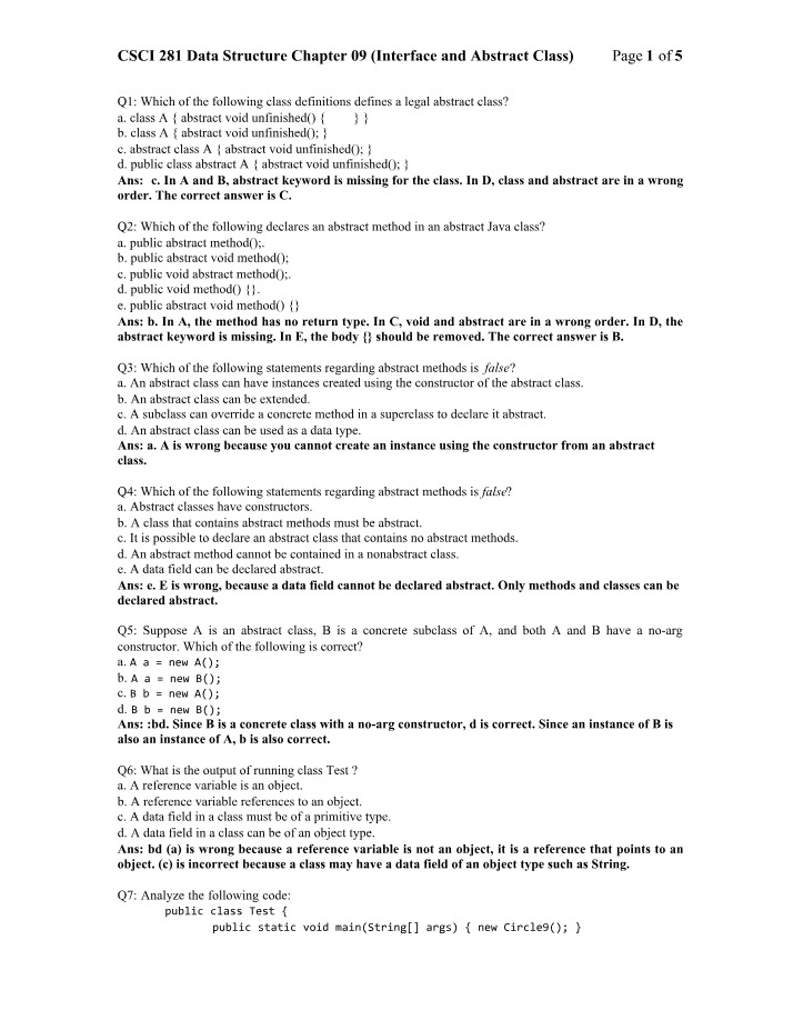 Quiz 07 Preview Answers - Abstract Classes and Interfaces