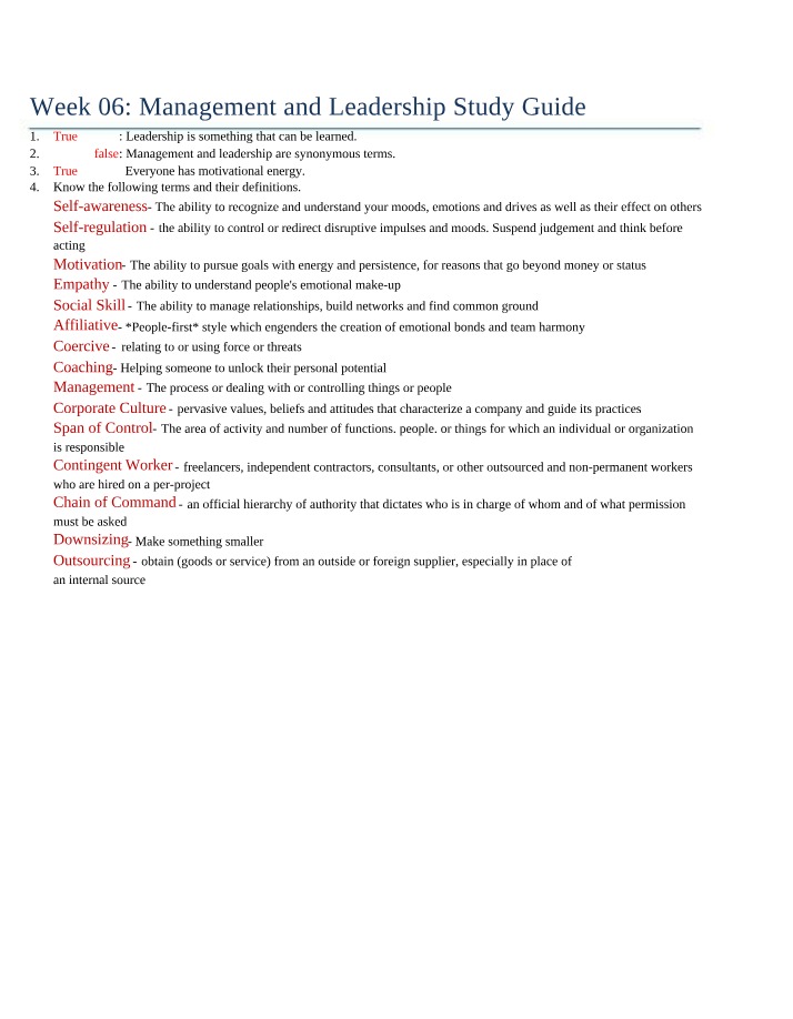 Management and Leadership Week 06 Study Guide