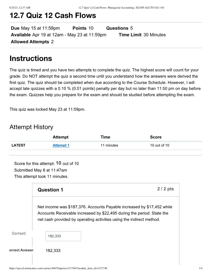 Quiz 12 - 12.7 Cash Flows
