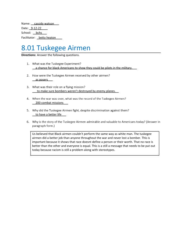 Questions on the Tuskegee Airmen