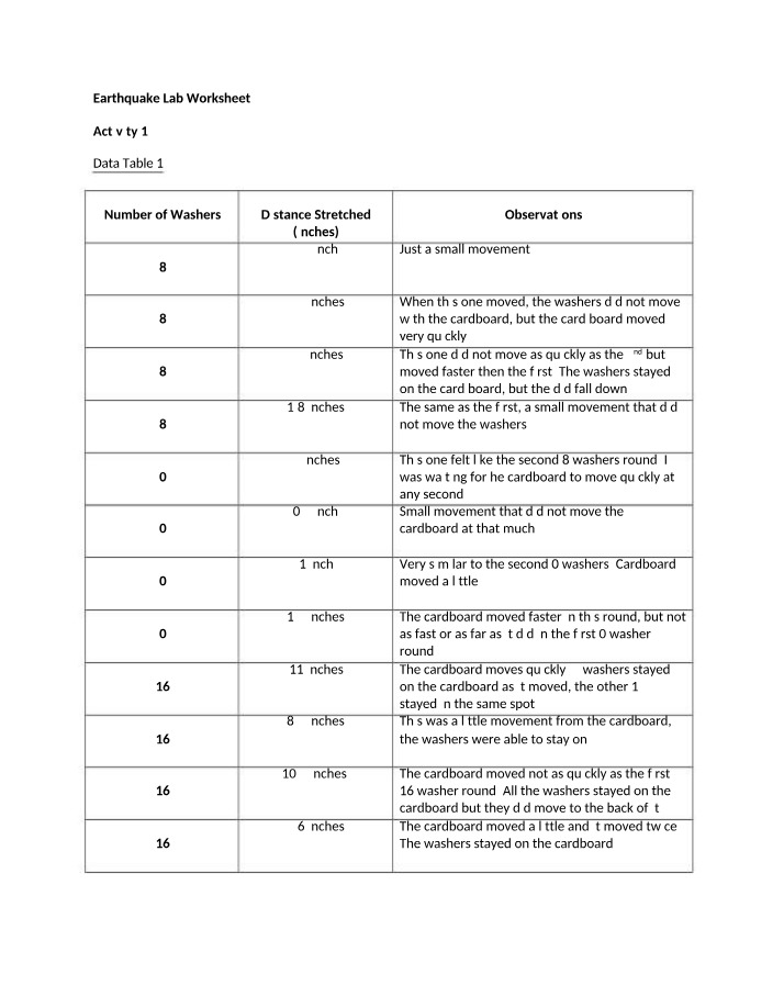 Worksheet for Earthquake Lab