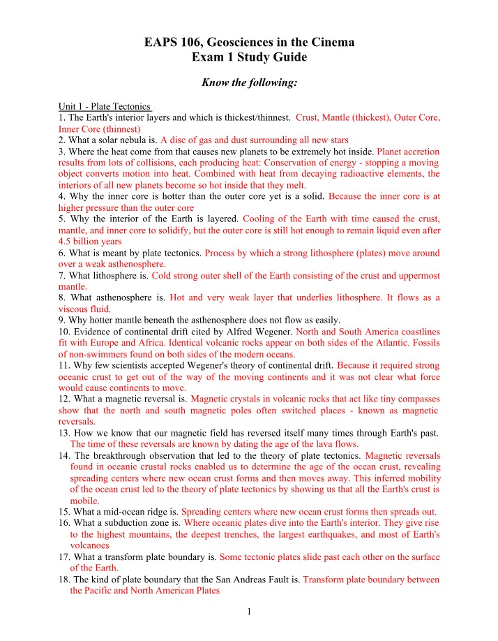 Study Guide and Key for Exam 1