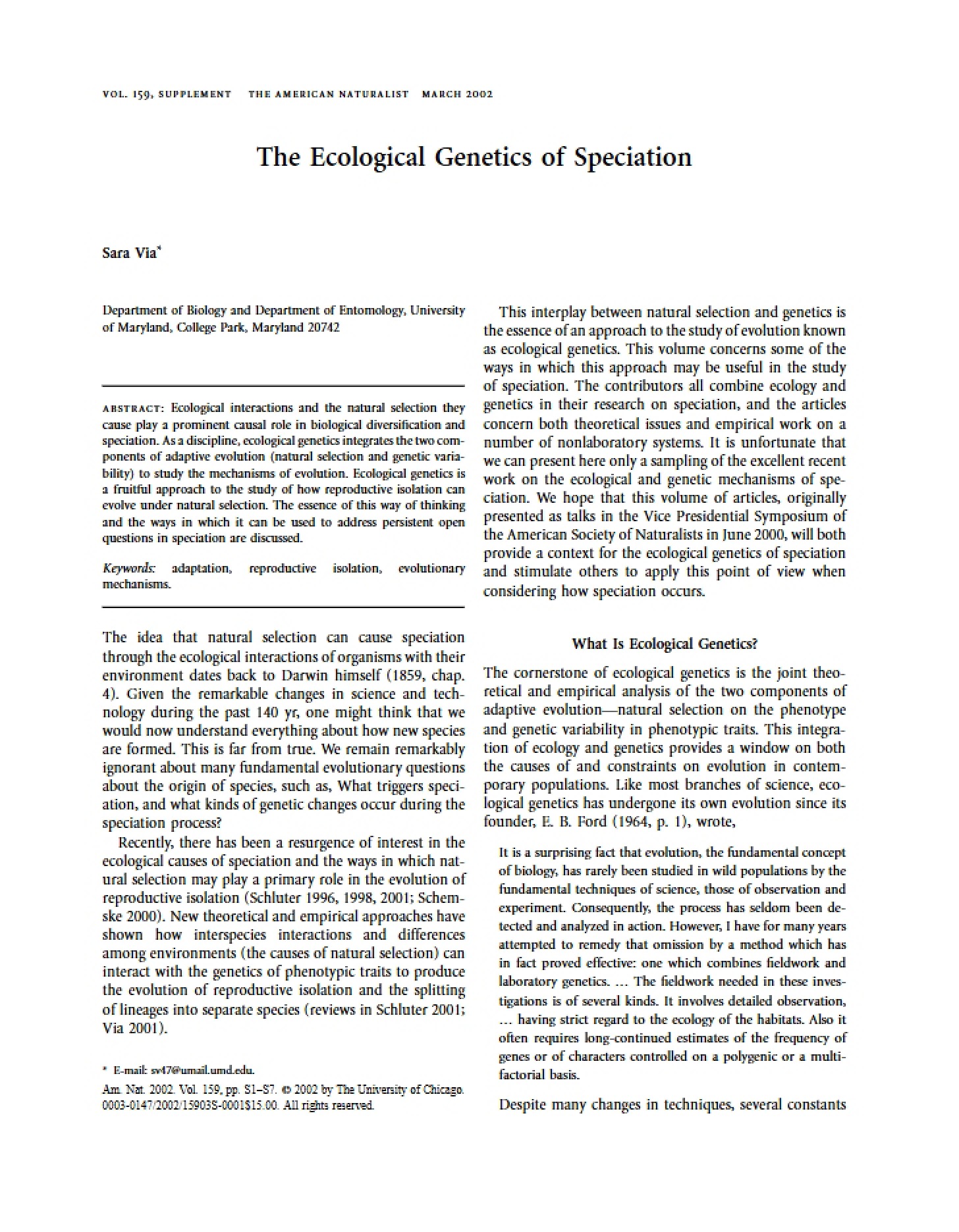 Speciation Ecological Genetics