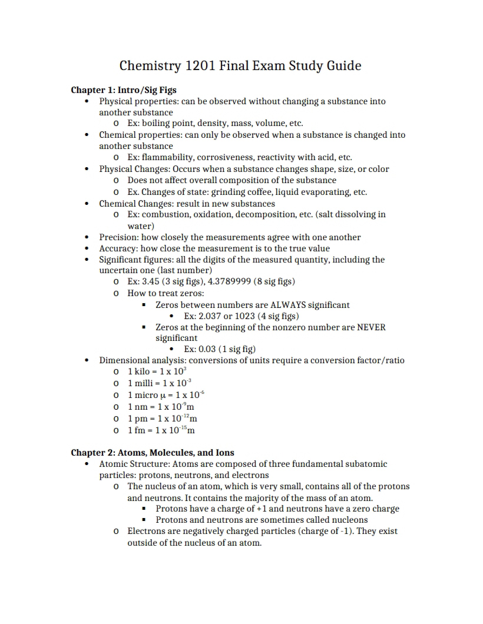 Guide for Final Exam (Chem 1201)