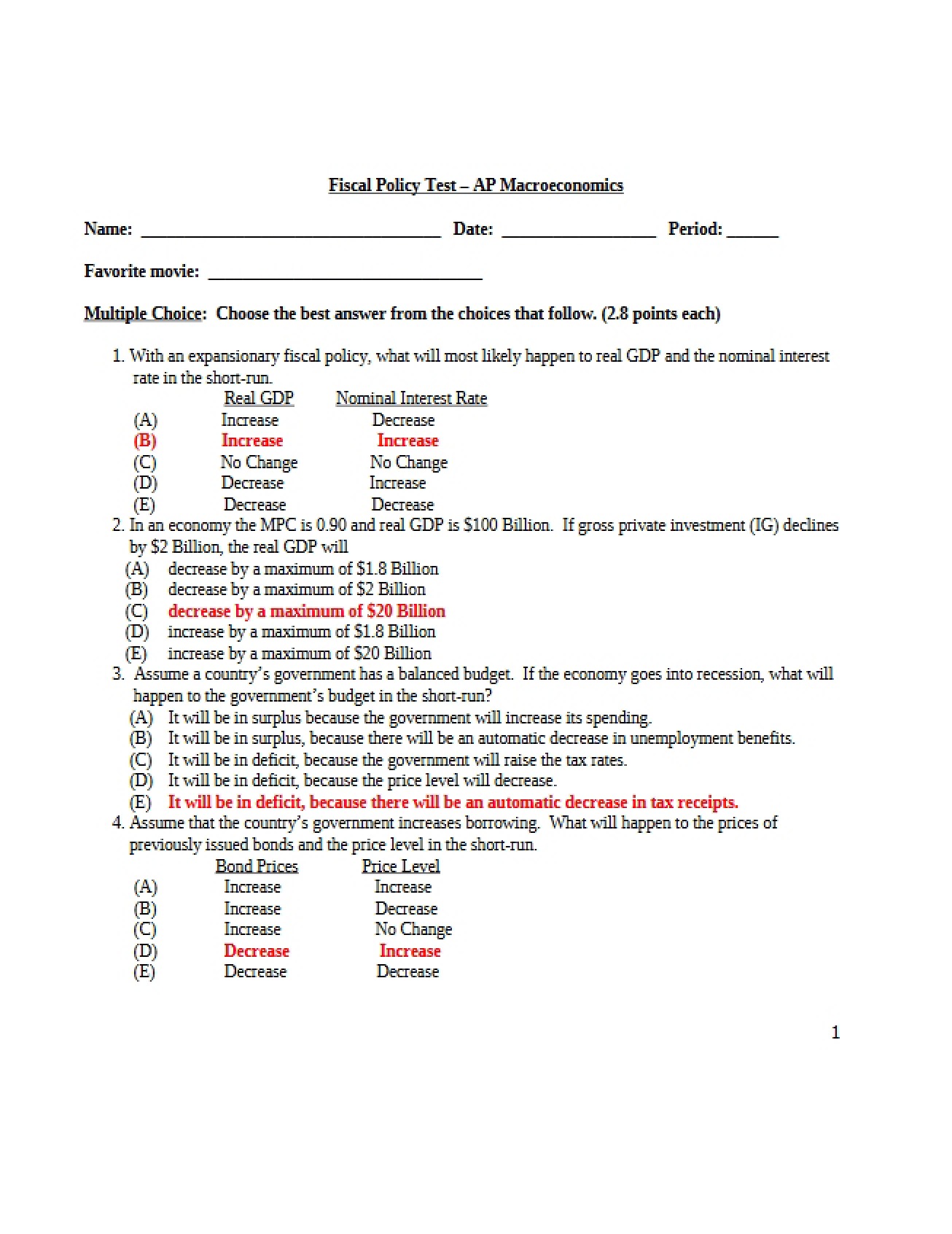 Fall 2017 Fiscal Policy Test Key