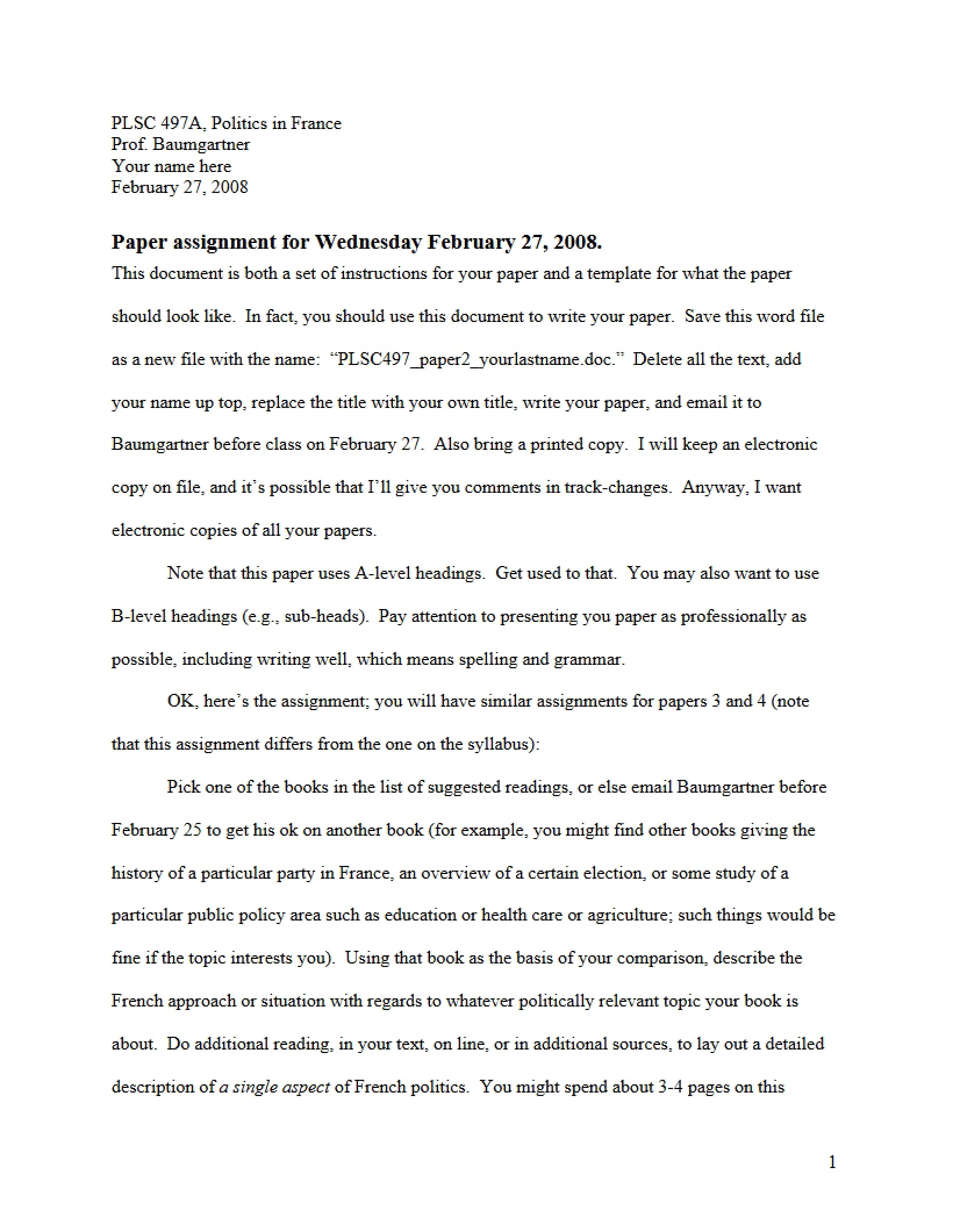 Politics in France Paper Assignment