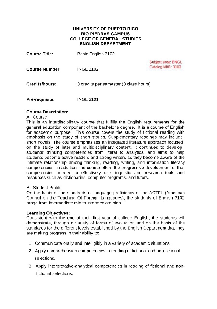 Syllabus for Basic English 3102