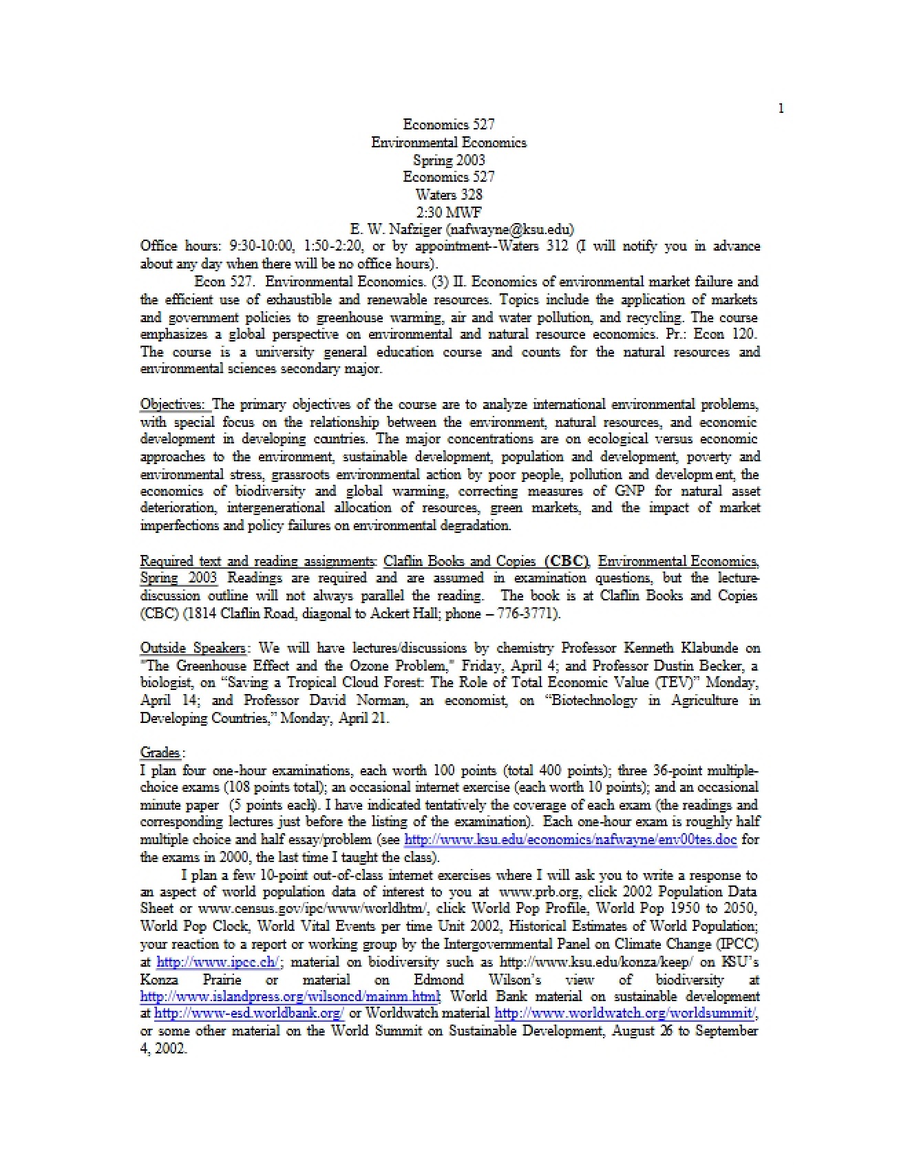 General Syllabus for an Environmental Economics Course