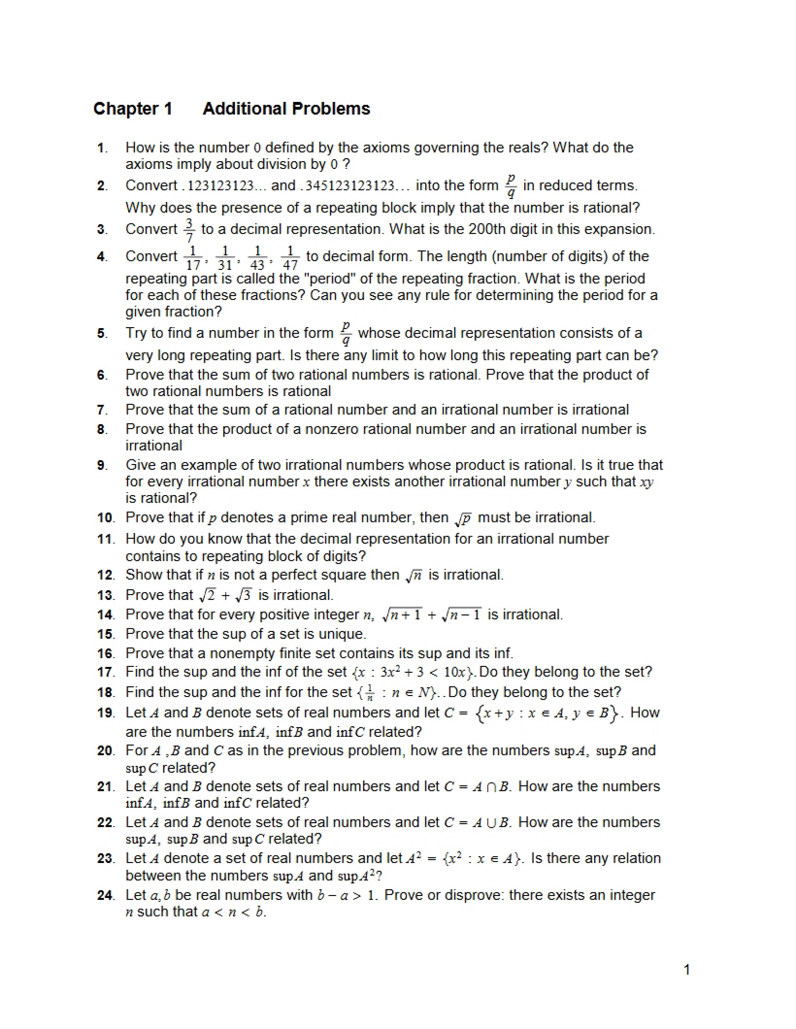 Advanced Calculus Additional Problems